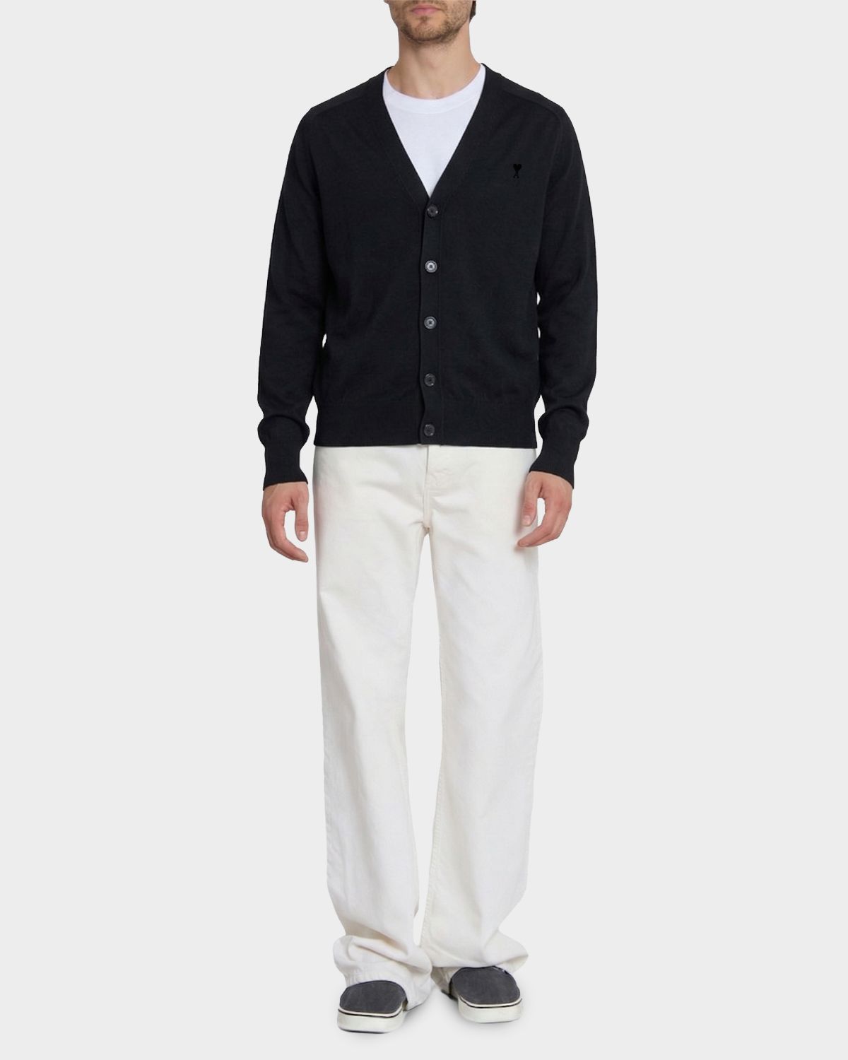 Ami Paris Men 's Tonal Embroidered Ami De Coeur Wool Knit Cardigan