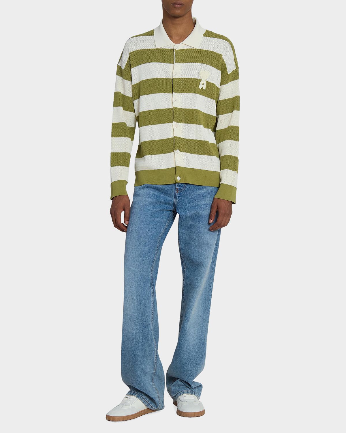 Ami Paris Men 's Cotton Stripe Knit Ami De Coeur Cardigan