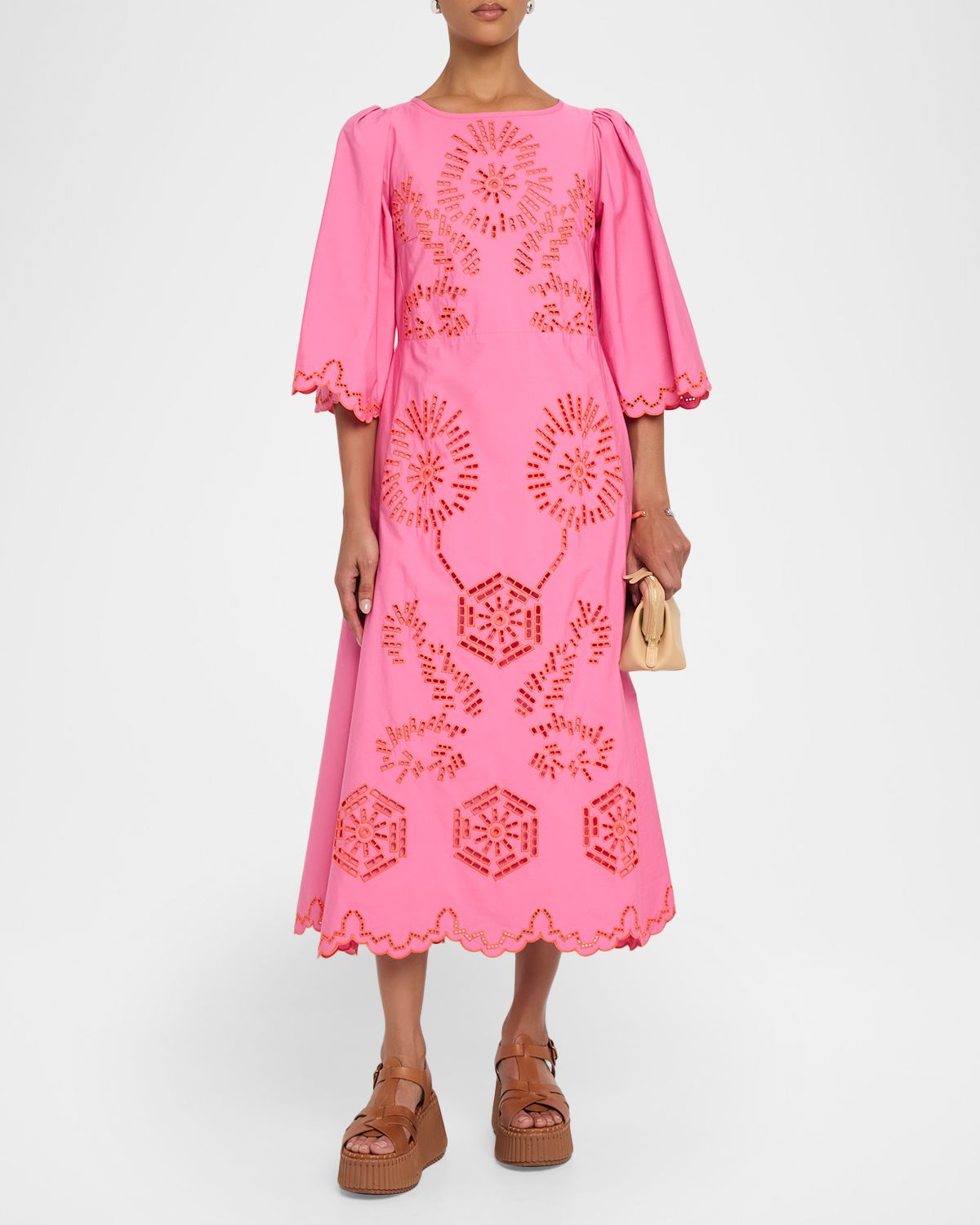 Maison Common Eyelet Embroidered Cotton 3/4-Sleeve Midi Dress