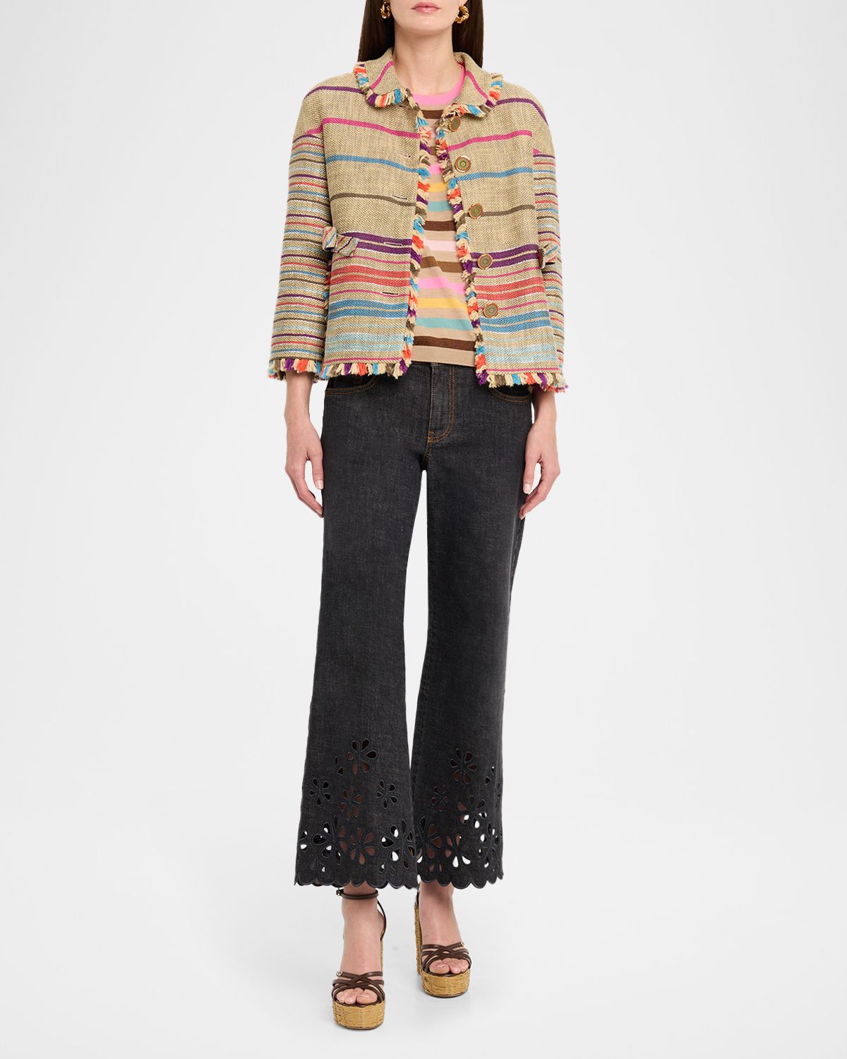 Maison Common Striped Cashmere-Wool Short-Sleeve Sweater