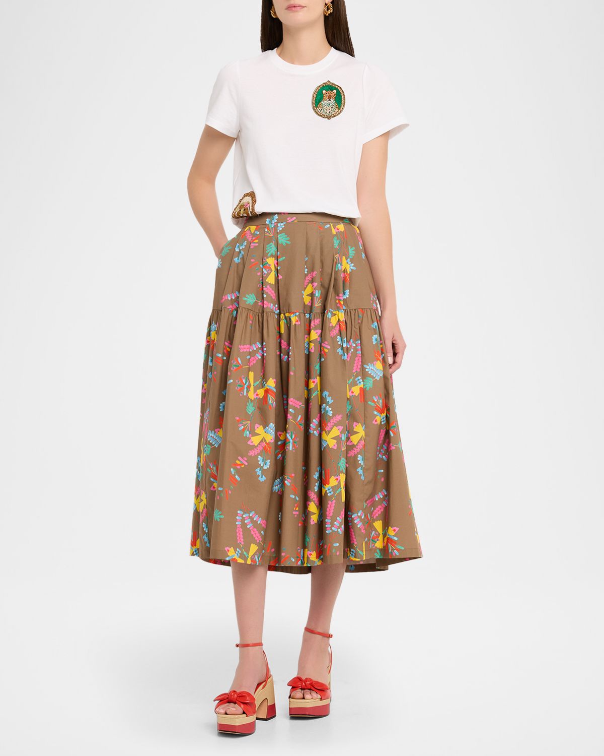 Maison Common Geometric Floral Cotton Pleated Midi Skirt