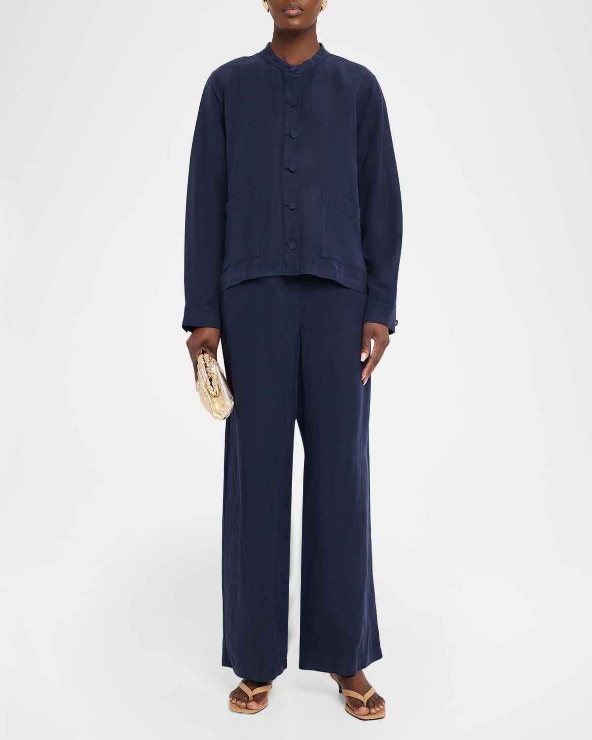 Eileen Fisher Mandarin Collar Button-Down Blouse