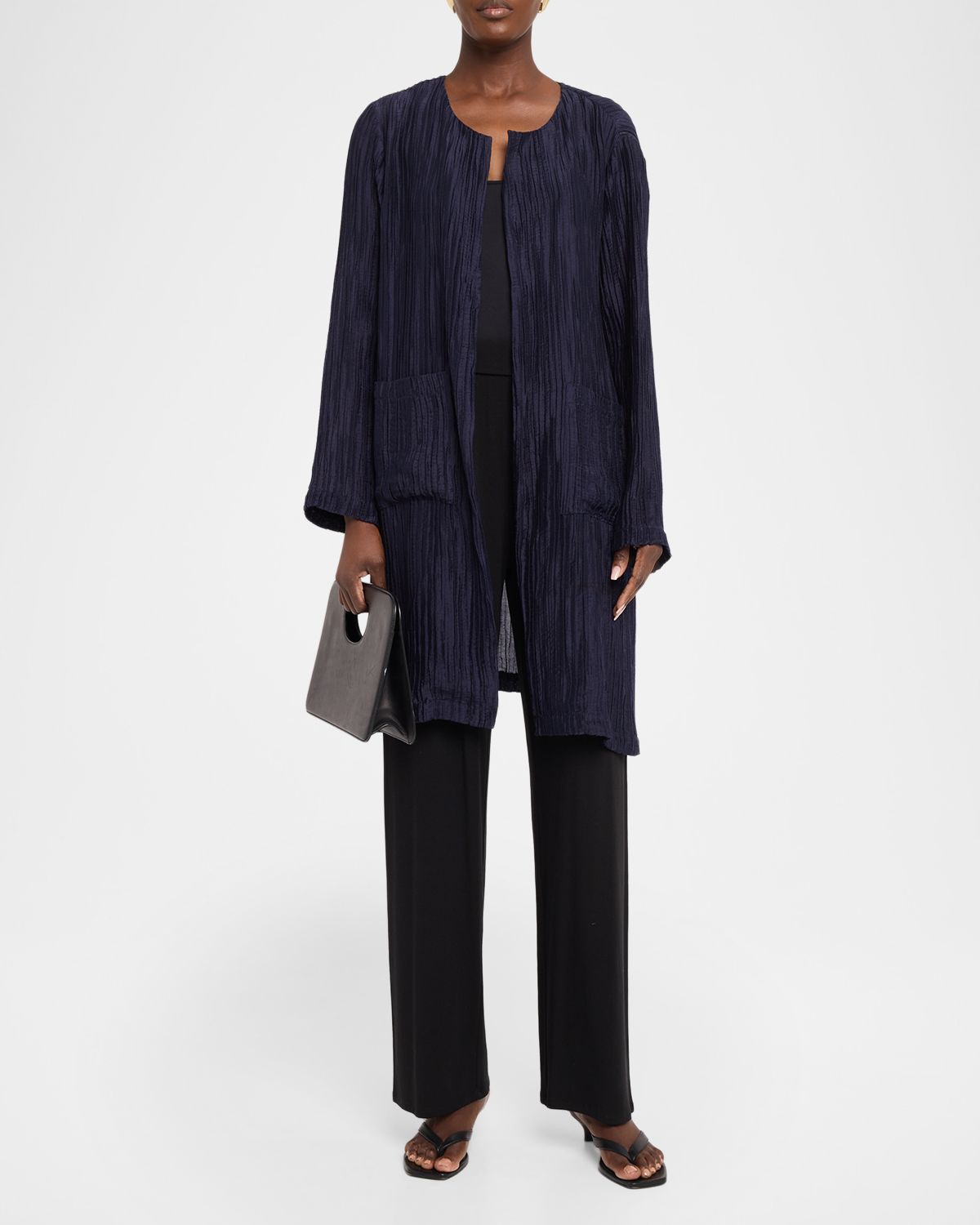 Eileen Fisher Round-Neck Long-Sleeve Pleated Jacket