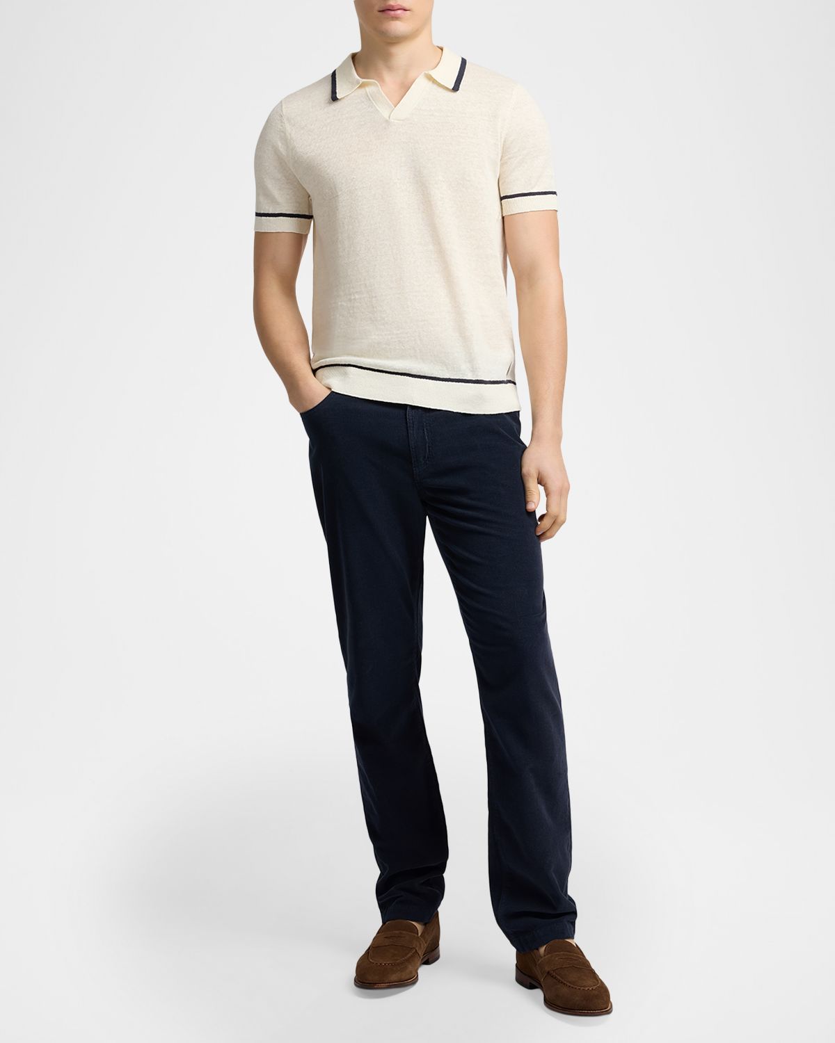 Onia Men 's Tipped Linen Knit Johnny Collar Polo Shirt