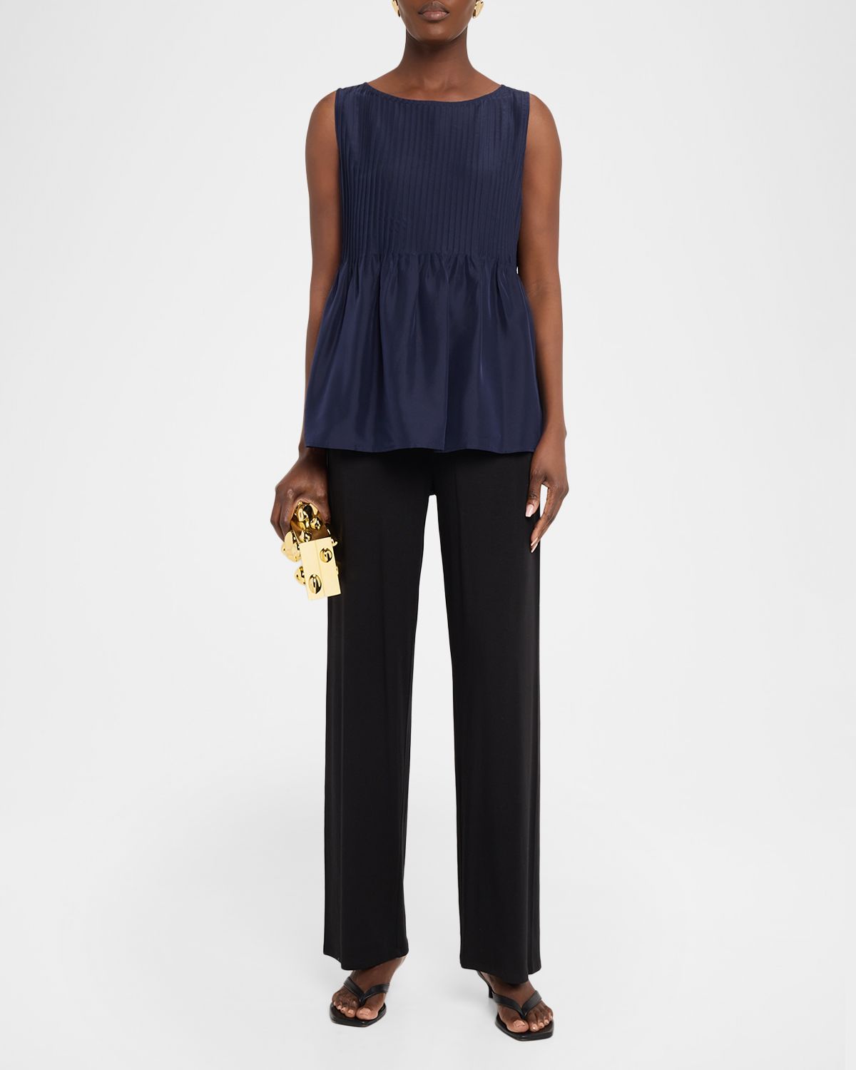 Eileen Fisher Bateau-Neck Pleated Silk Top