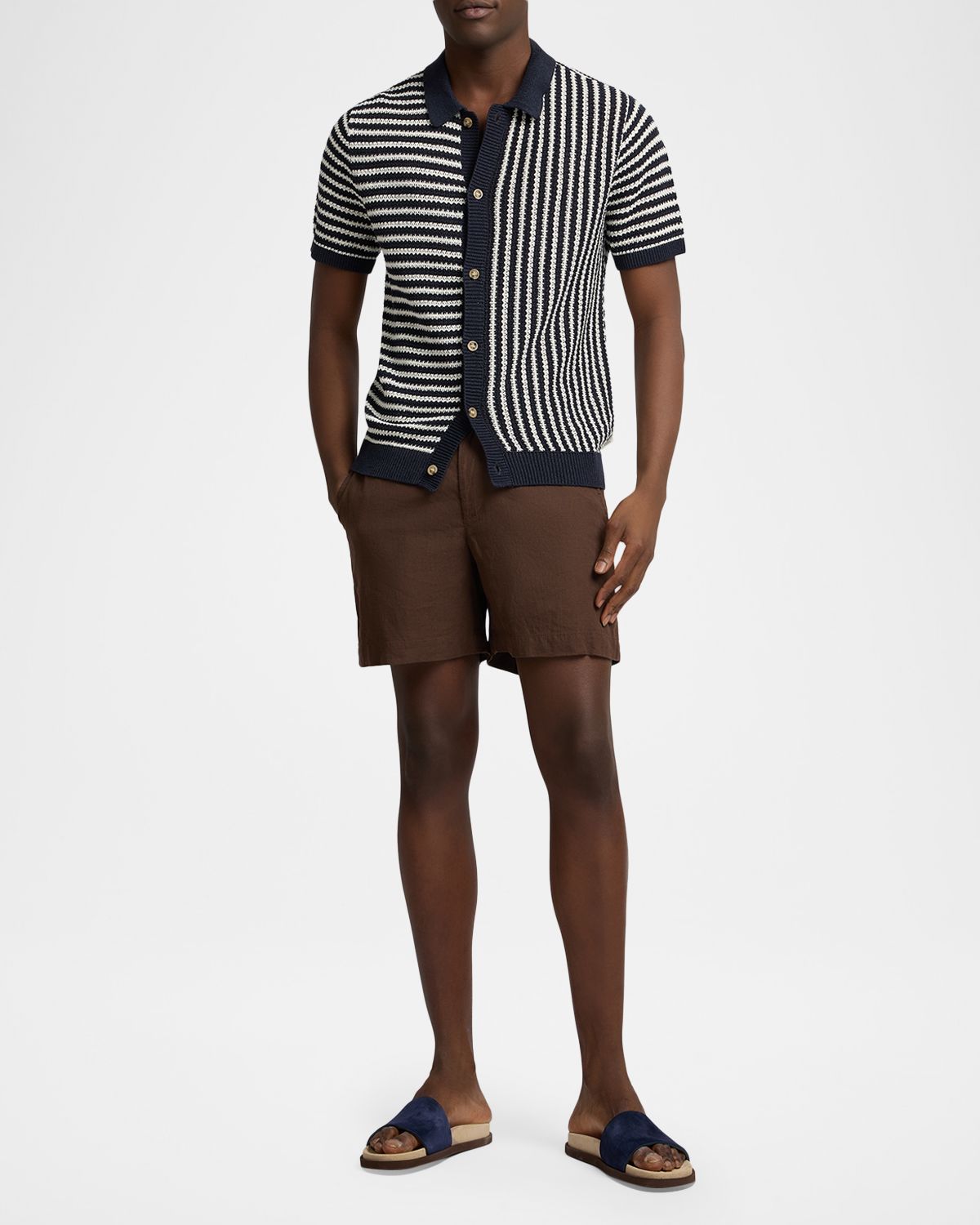 Onia Men 's Striped Linen Short-Sleeve Button-Down Sweater