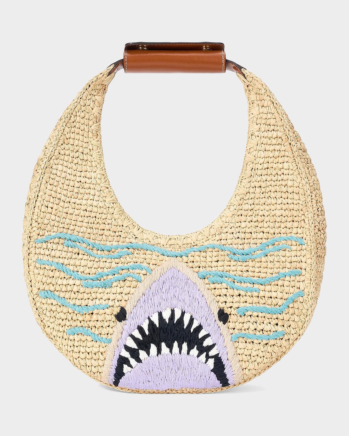 STAUD Moon Shark-Embroidered Raffia Shoulder Bag