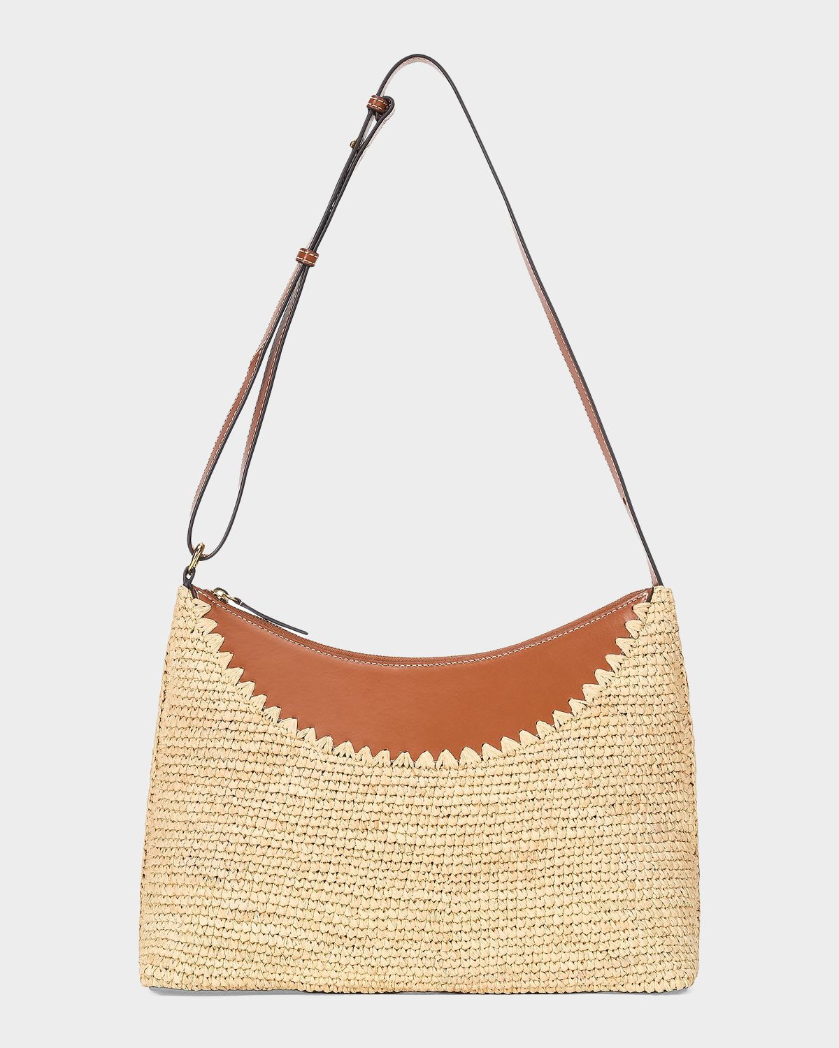 STAUD Rowey Raffia & Leather Shoulder Bag