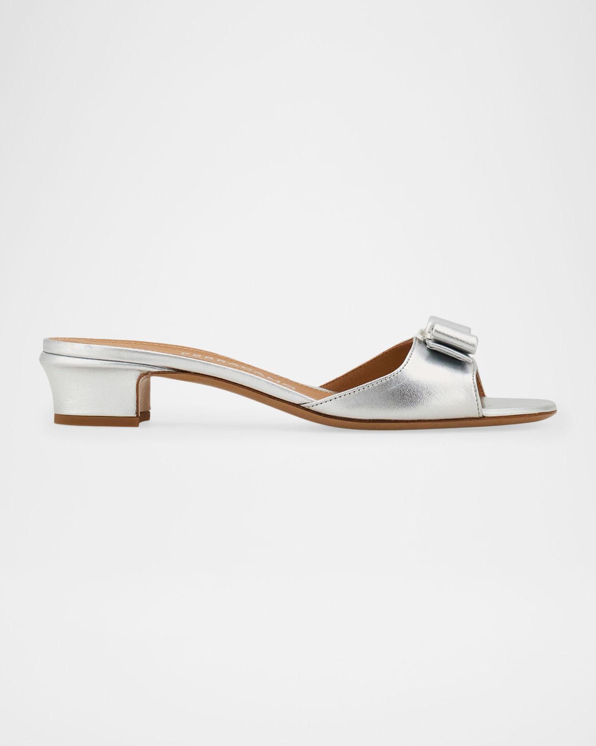 Ferragamo Vanilla Metallic Leather Bow Mules