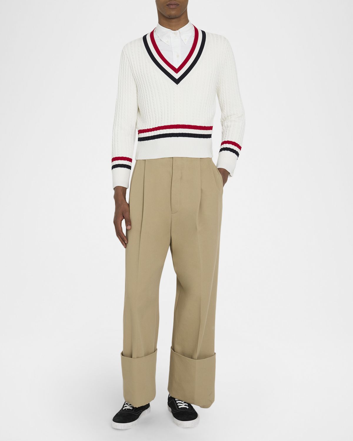 Thom Browne Men 's Cotton Cable Knit Stripe-Trim V-Neck Sweater