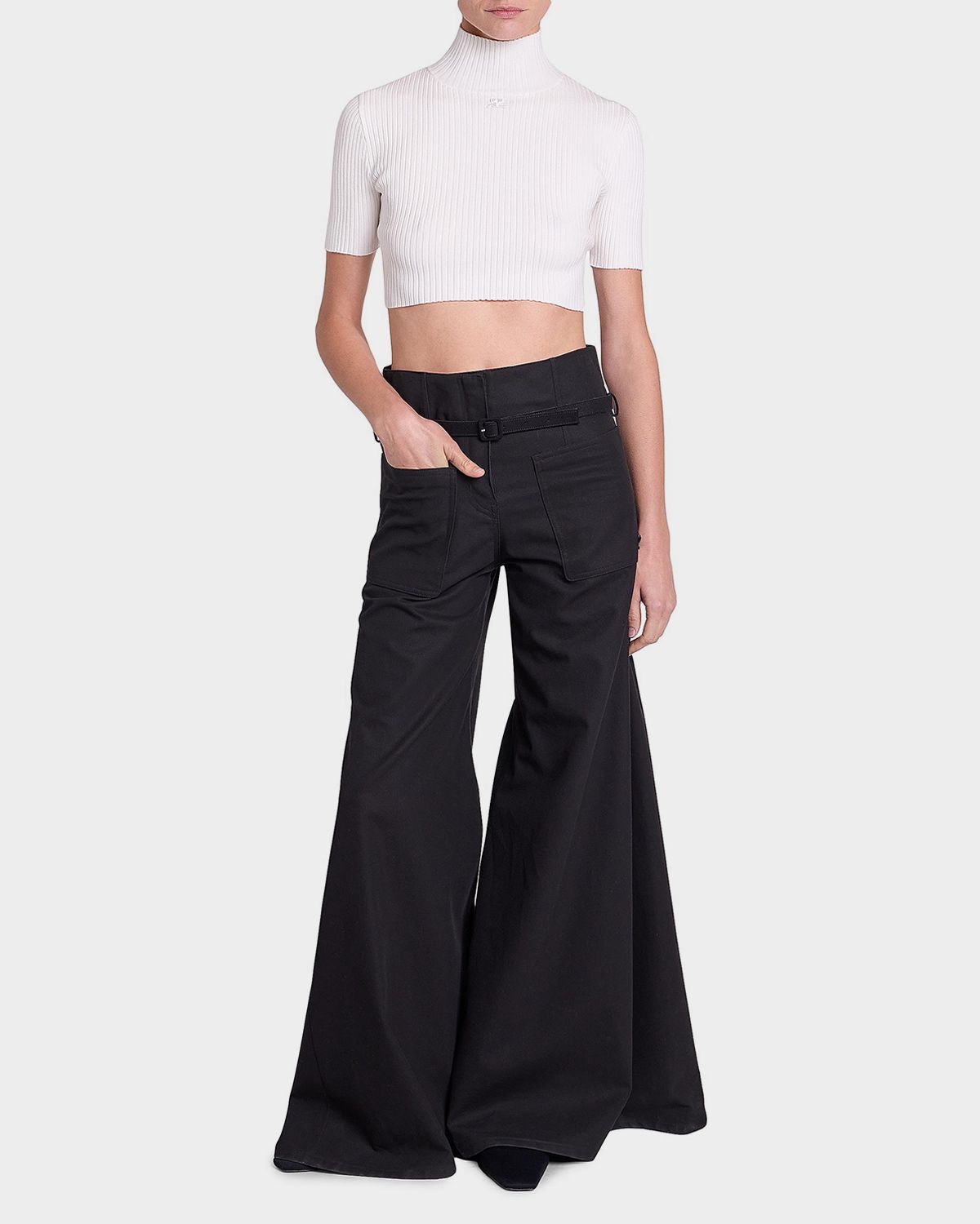 Courreges Mock-Neck Rib Knit Short-Sleeve Crop Sweater