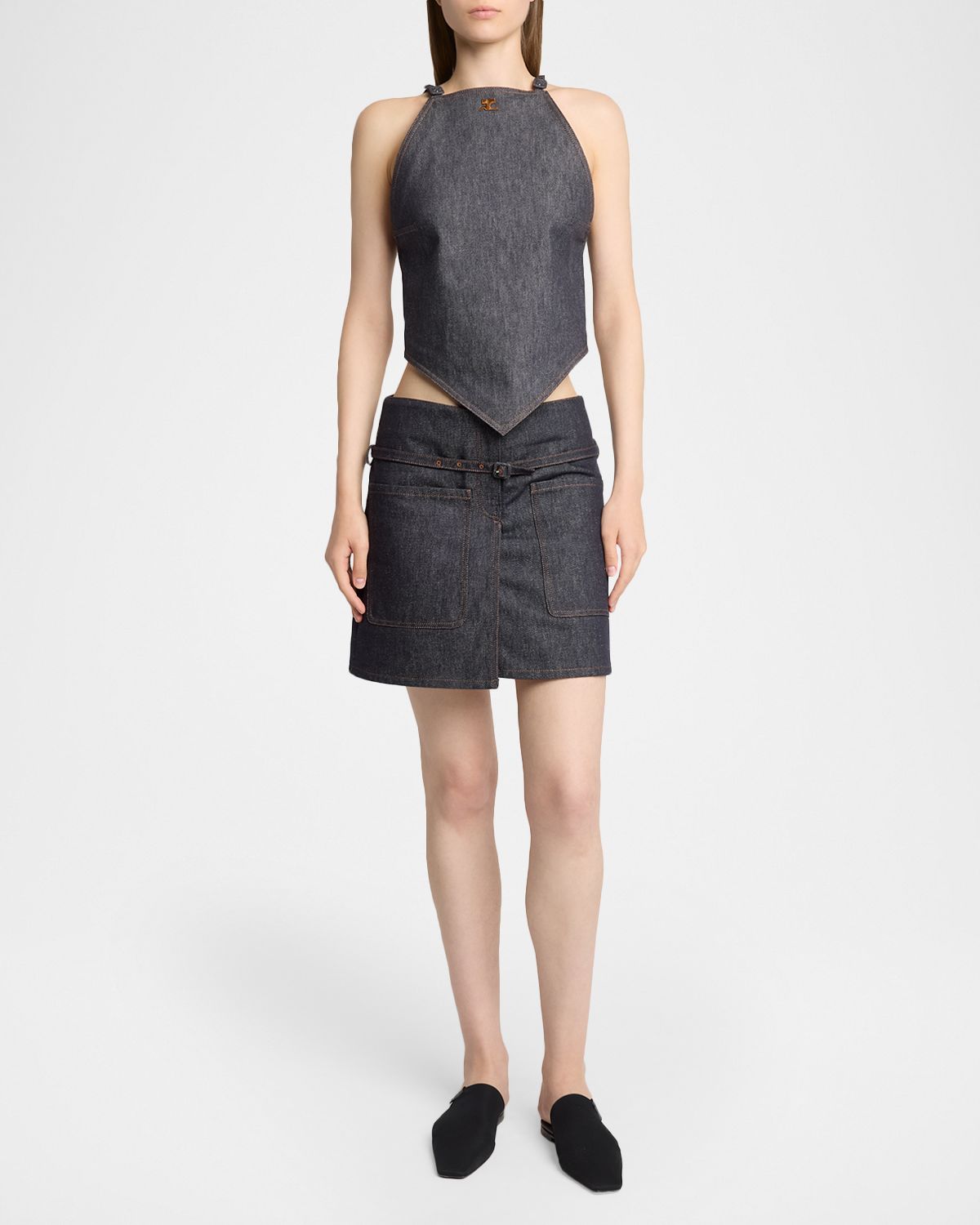 Courreges Two Pockets Denim Mini Skirt With Belt