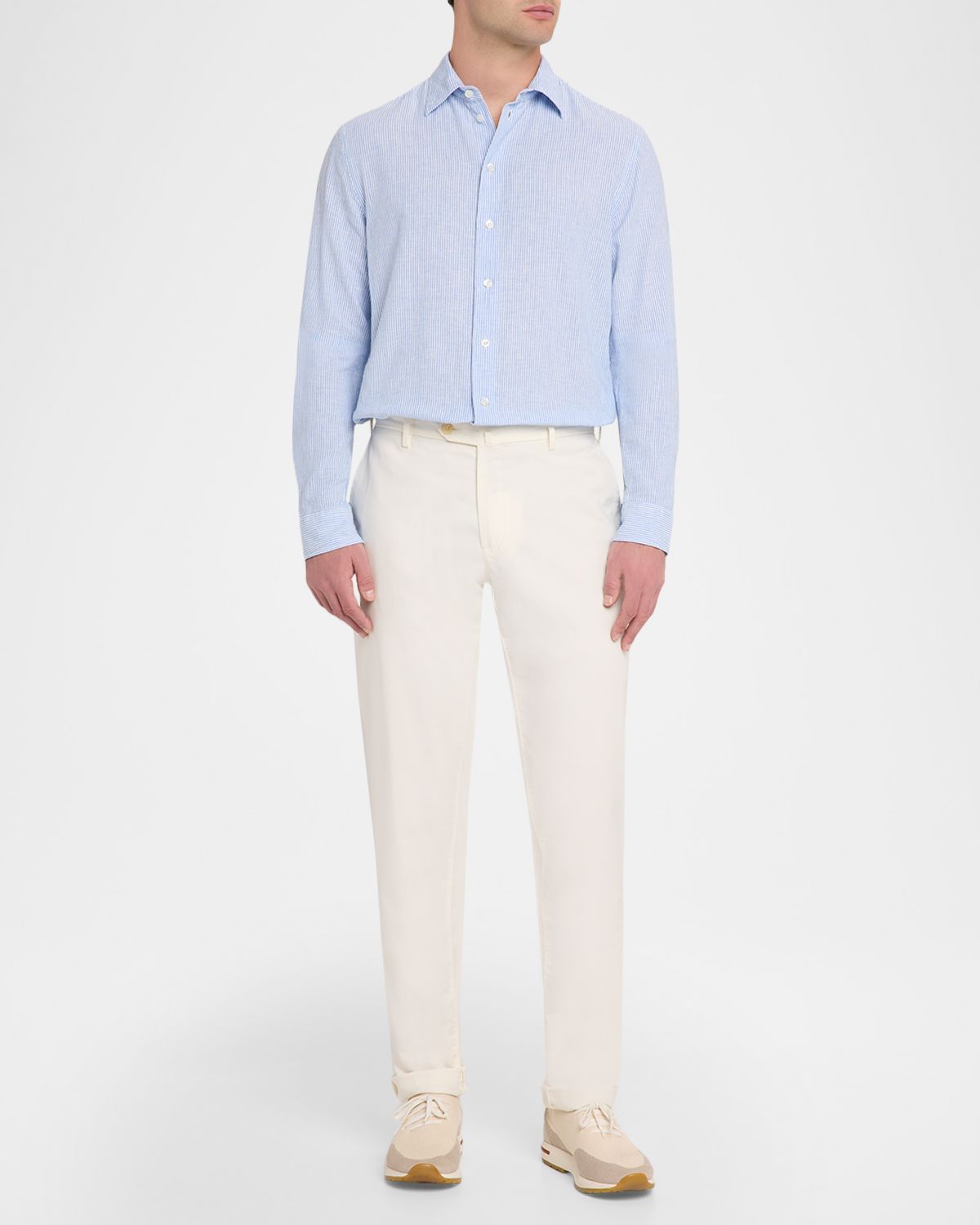 Emporio Armani Men 's Cotton and Linen Fine-Stripe Sport Shirt