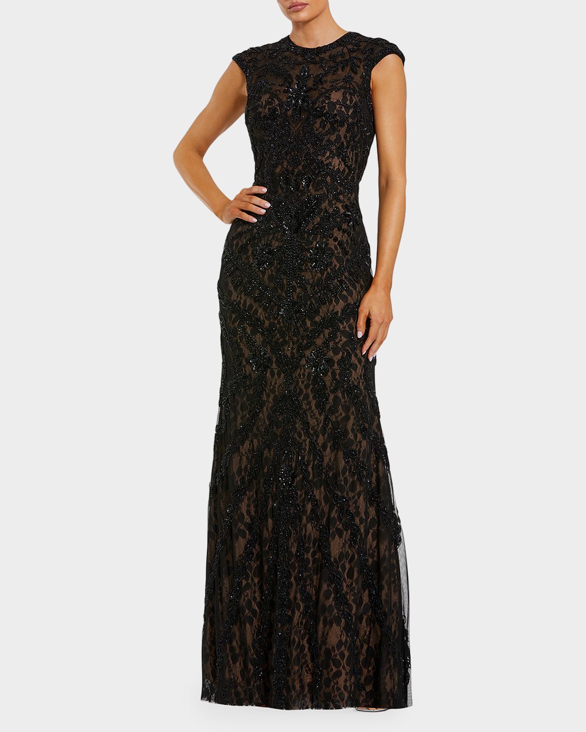 Mac Duggal Beaded Lace Cap-Sleeve Column Gown | Thumbnail 4 Mac Duggal Beaded Lace Cap-Sleeve Column Gown | Thumbnail 4