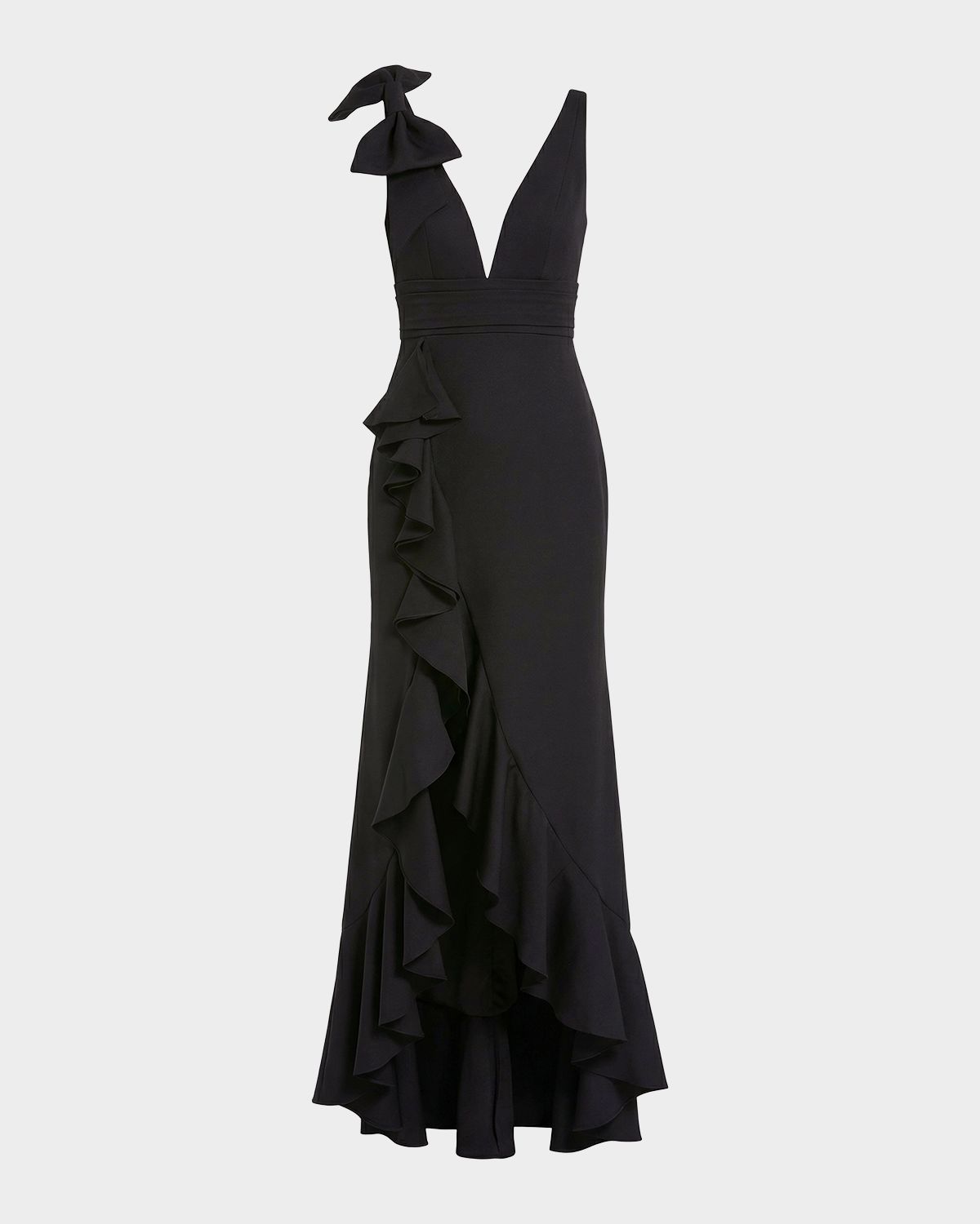 Mac Duggal Plunging High-Low Ruffle Crepe Gown