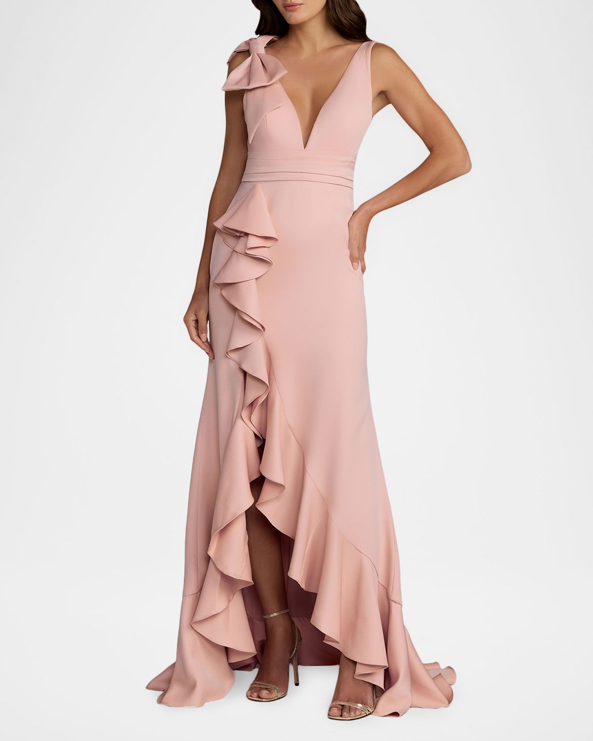 Mac Duggal Plunging High-Low Ruffle Crepe Gown