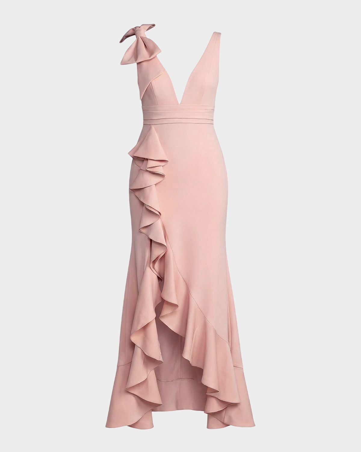Mac Duggal Plunging High-Low Ruffle Crepe Gown
