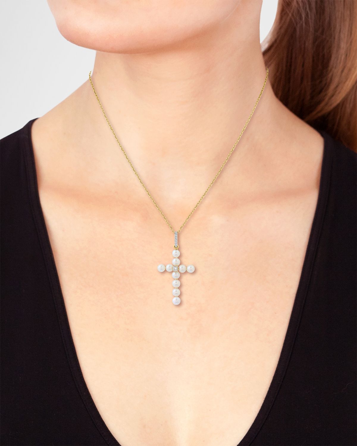Neiman Marcus 18K Yellow Gold Diamond Pearl Cross Pendant Necklace