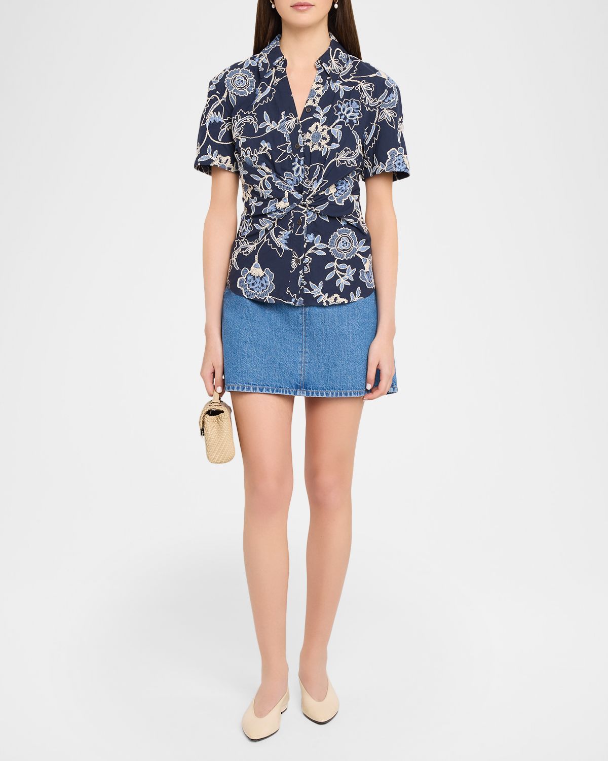 Tanya Taylor Oakley Floral Embroidered Button-Front Top