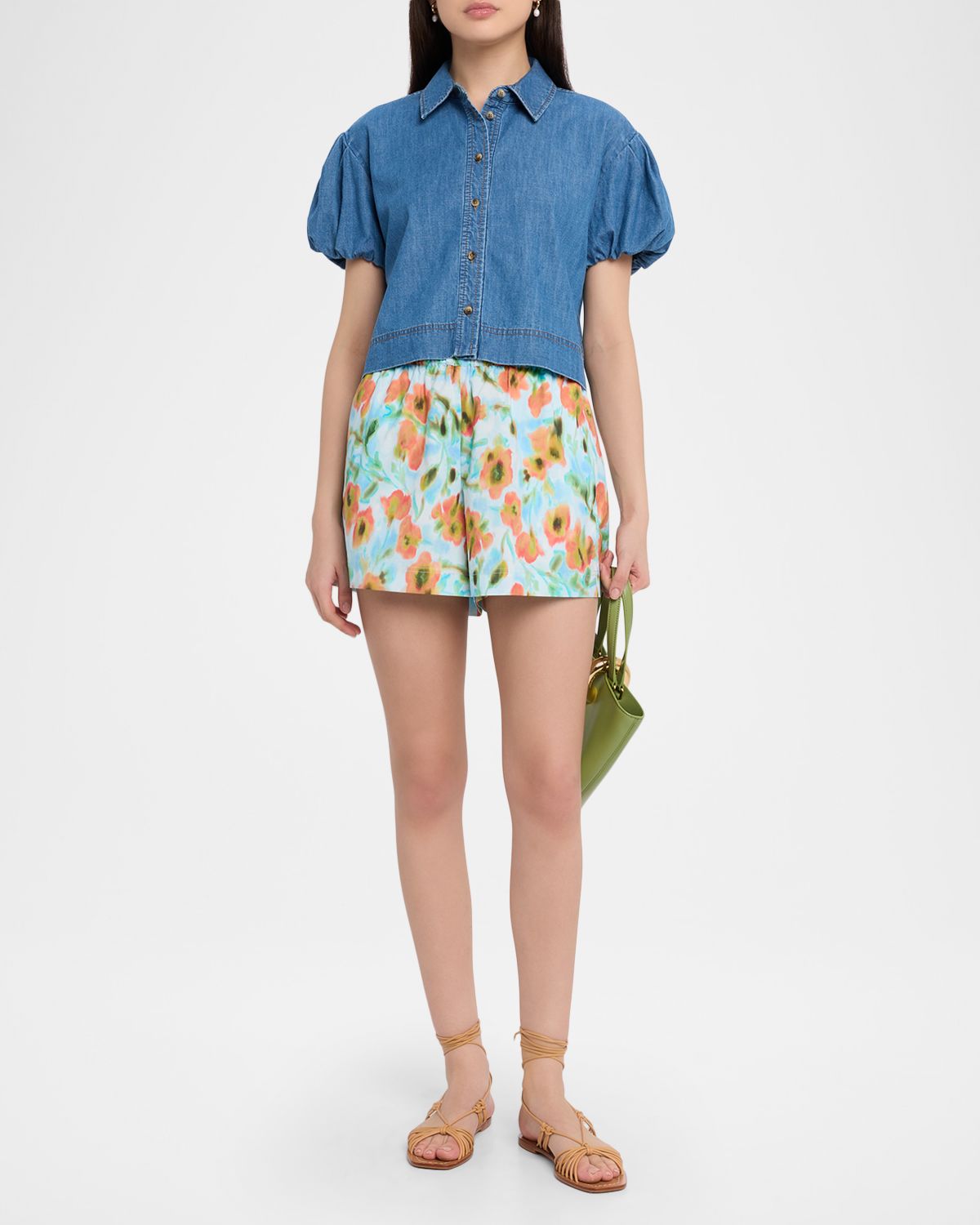 Tanya Taylor Elza Puff-Sleeve Chambray Shirt