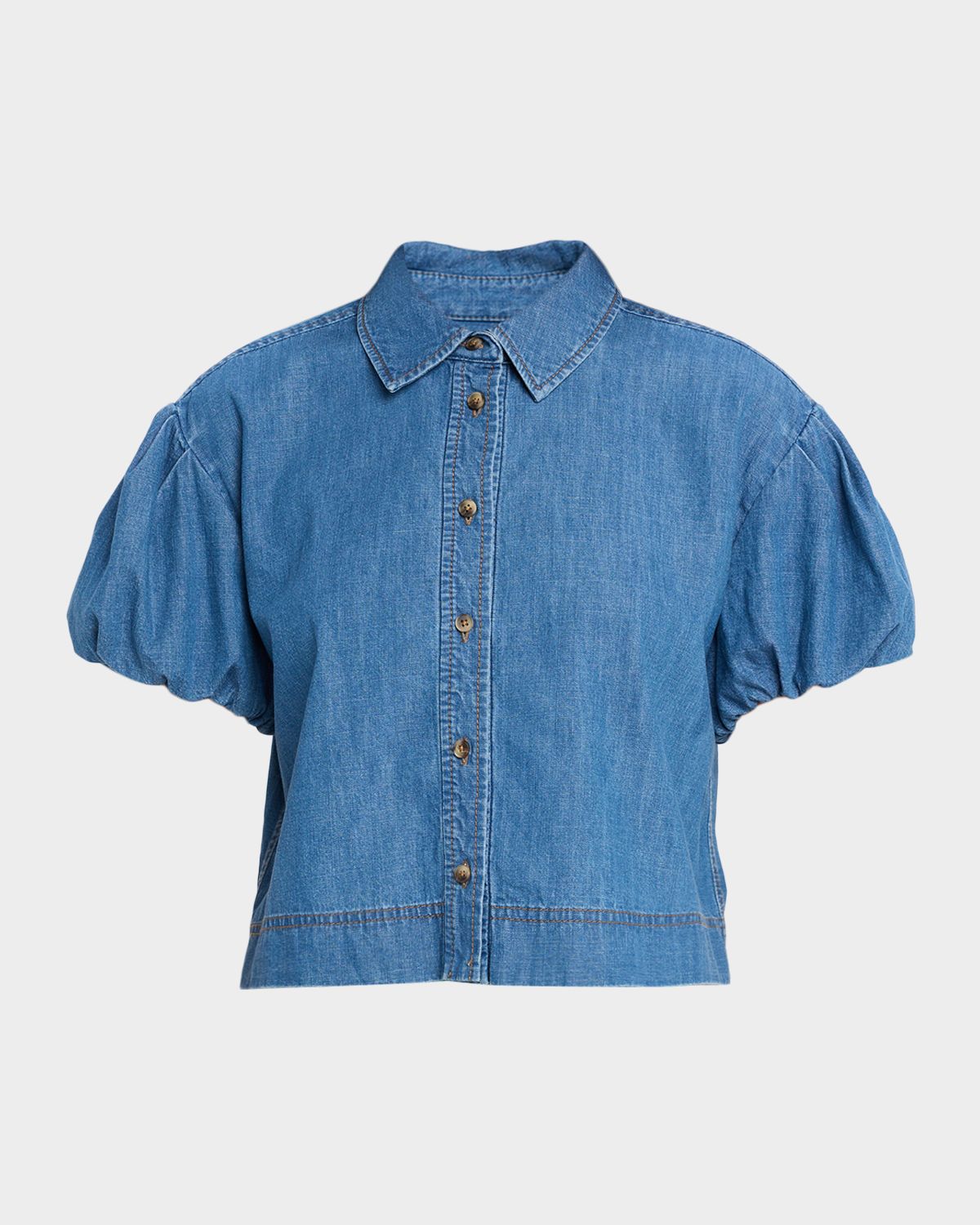Tanya Taylor Elza Puff-Sleeve Chambray Shirt