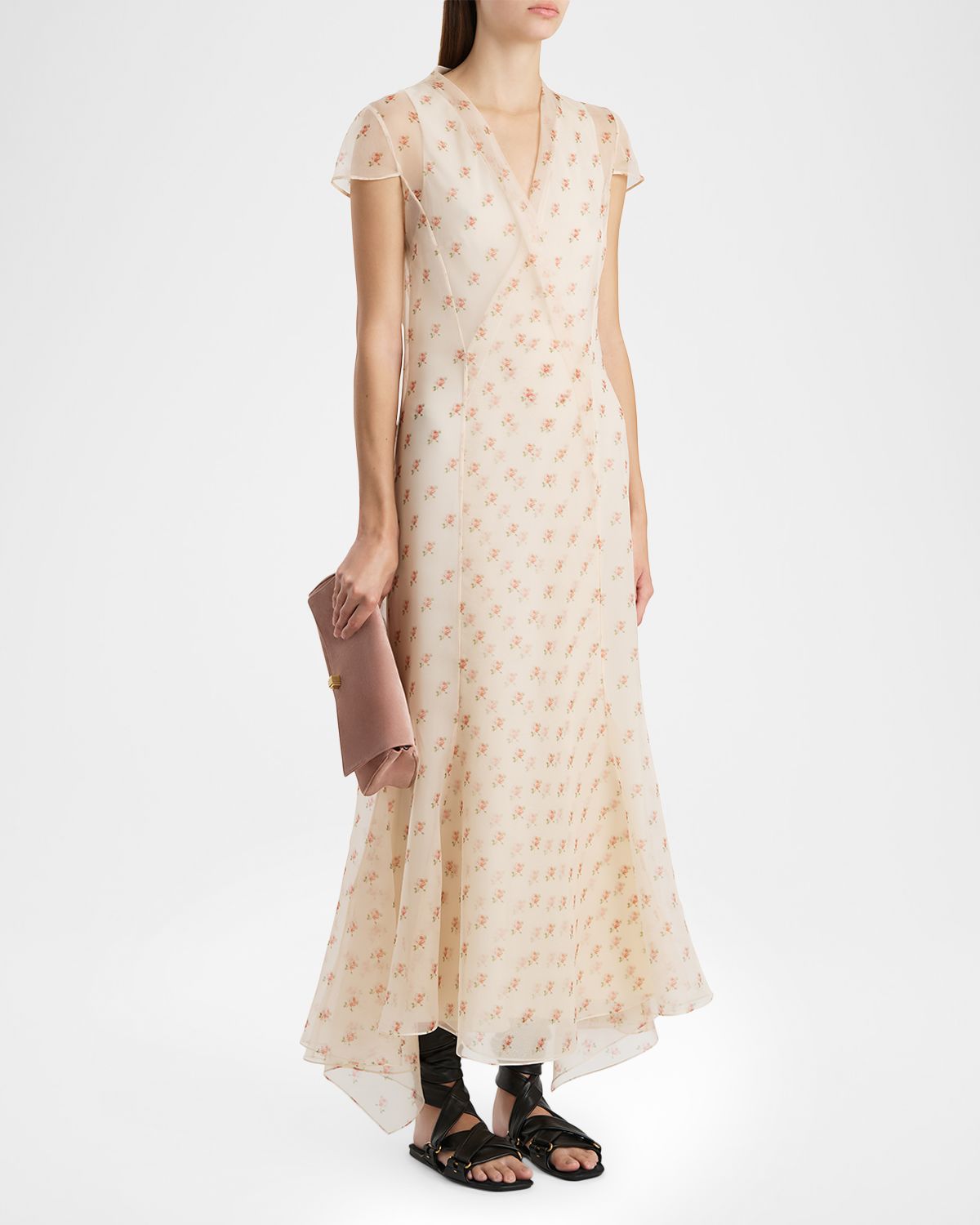 Khaite Meera Rose-Print Silk Wrap Maxi Dress