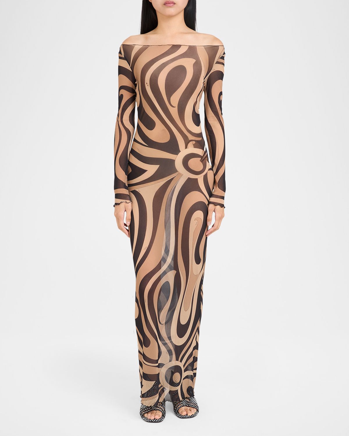 Pucci Marmo Tulle Long-Sleeve Maxi Dress