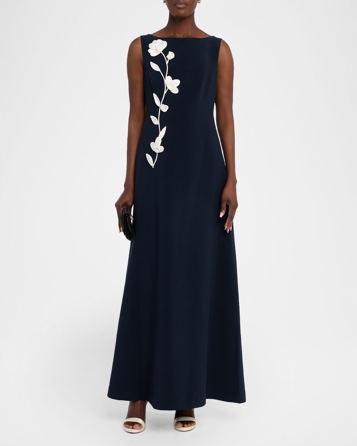 Sachin & Babi Bateau-Neck Floral Applique Gown