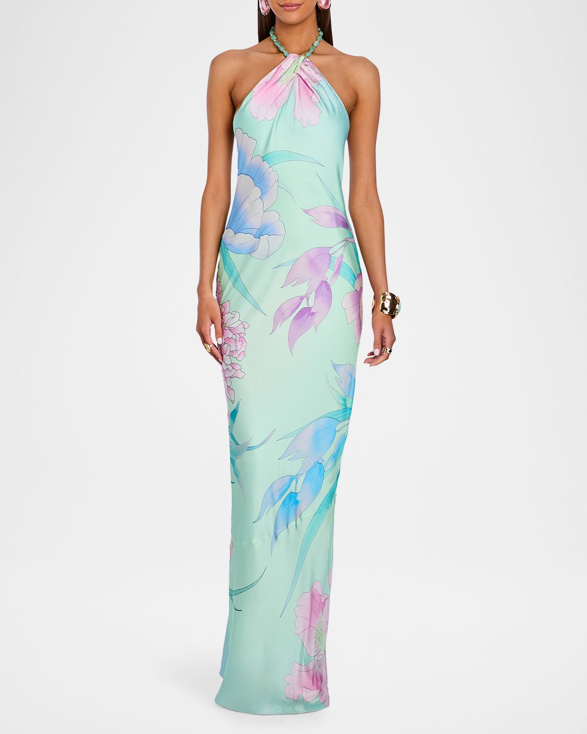 Retrofete Anat Floral Satin Halter Dress