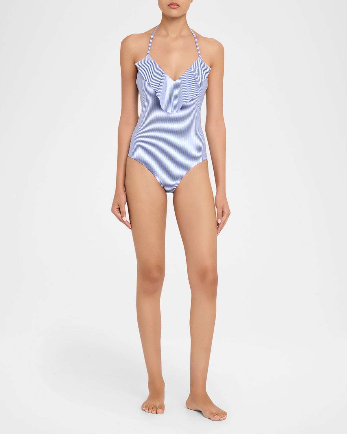Shoshanna Ruffle Striped One-Piece Swimsuit