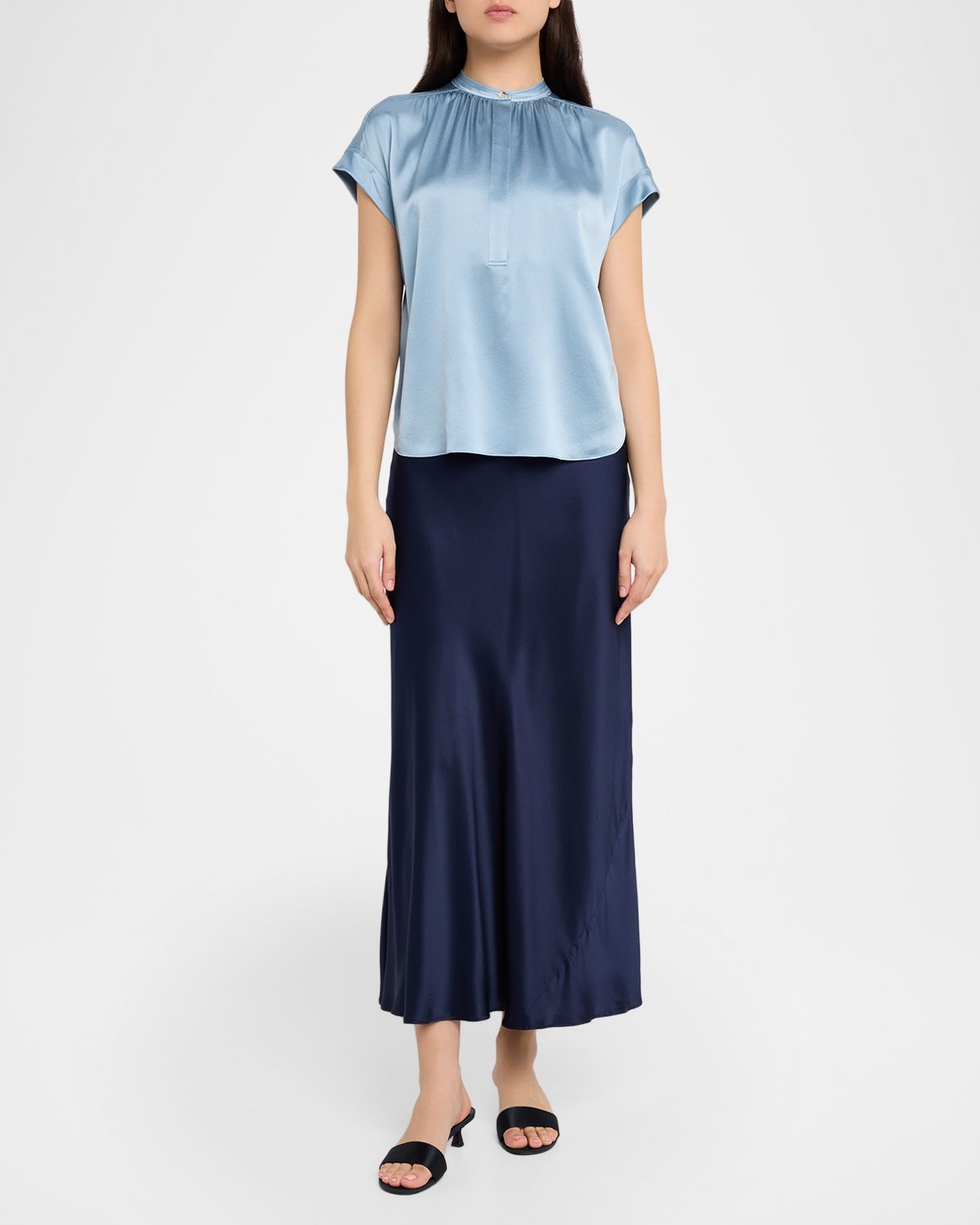 Vince Gathered Cap-Sleeve Silk Top