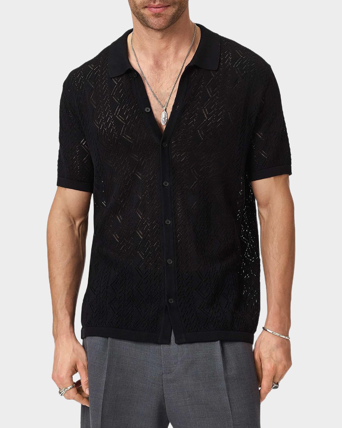 John Varvatos Men 's Emil Pointelle Knit Short-Sleeve Sweater | Thumbnail 4 John Varvatos Men 's Emil Pointelle Knit Short-Sleeve Sweater | Thumbnail 4
