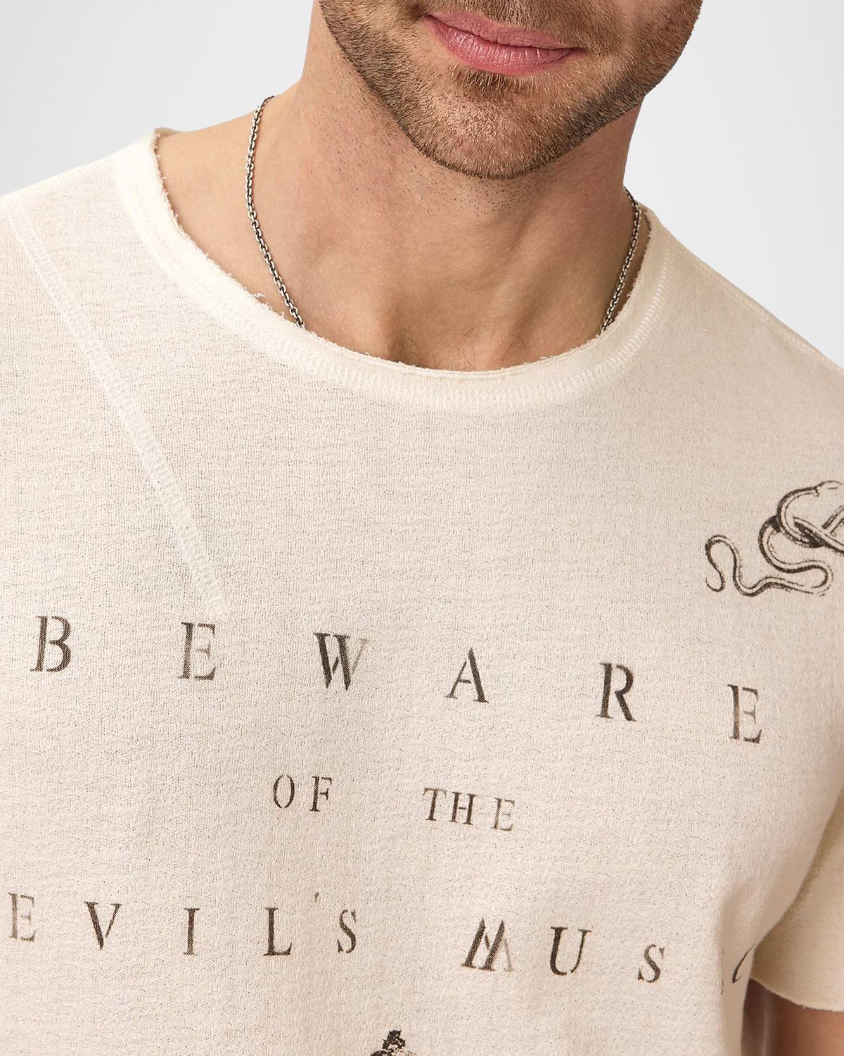 John Varvatos Men 's Beware Cotton Raw-Edge Crewneck T-Shirt | Thumbnail 3 John Varvatos Men 's Beware Cotton Raw-Edge Crewneck T-Shirt | Thumbnail 3