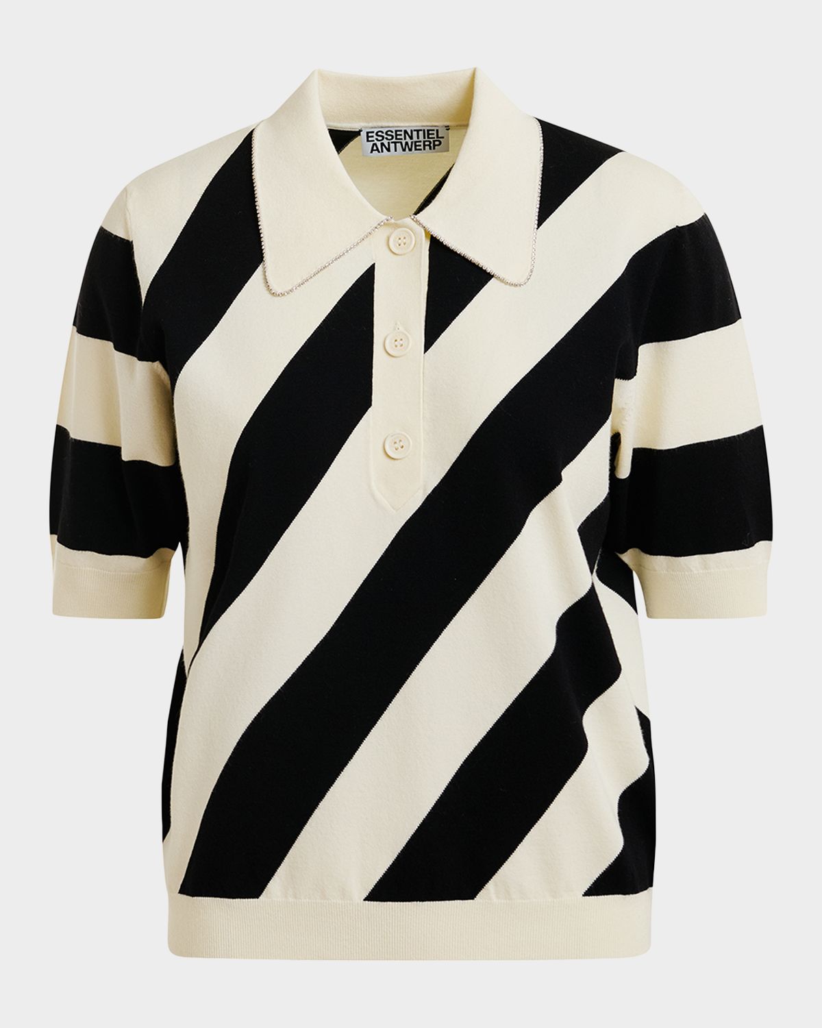 Essentiel Antwerp Joram Striped Knit Polo with Embellished Collar