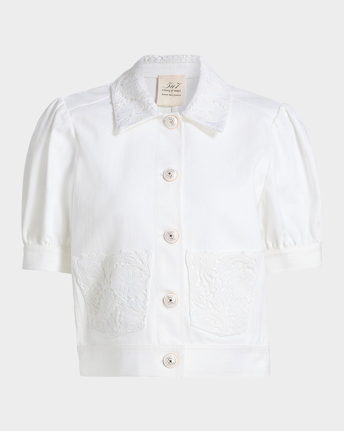 Cinq a Sept Short-Sleeve Lace Denim Jacket