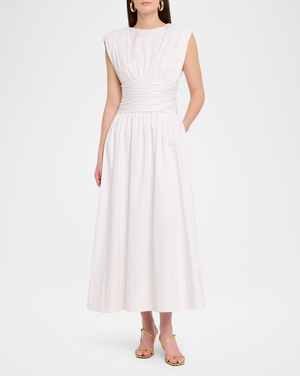 Toccin Evangeline Strong Shoulder Ruched Midi Dress