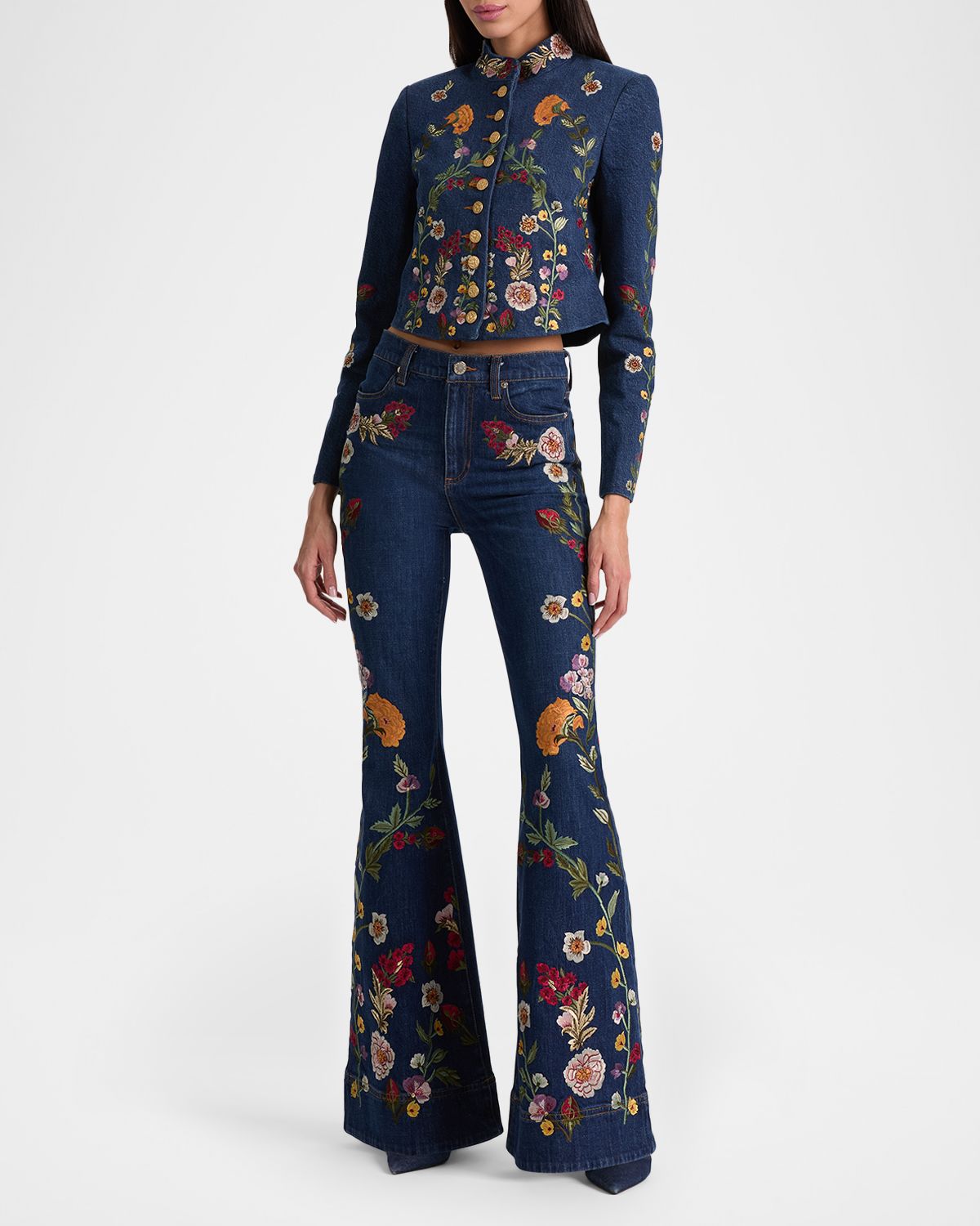 ALICE + OLIVIA Beautiful Floral Embroidered Bell-Bottom Jeans