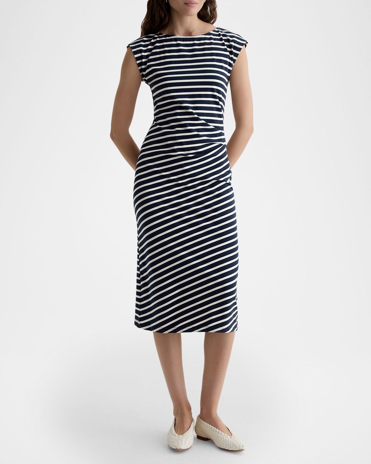 AG Jeans Aja Cap-Sleeve Striped Jersey Midi Dress
