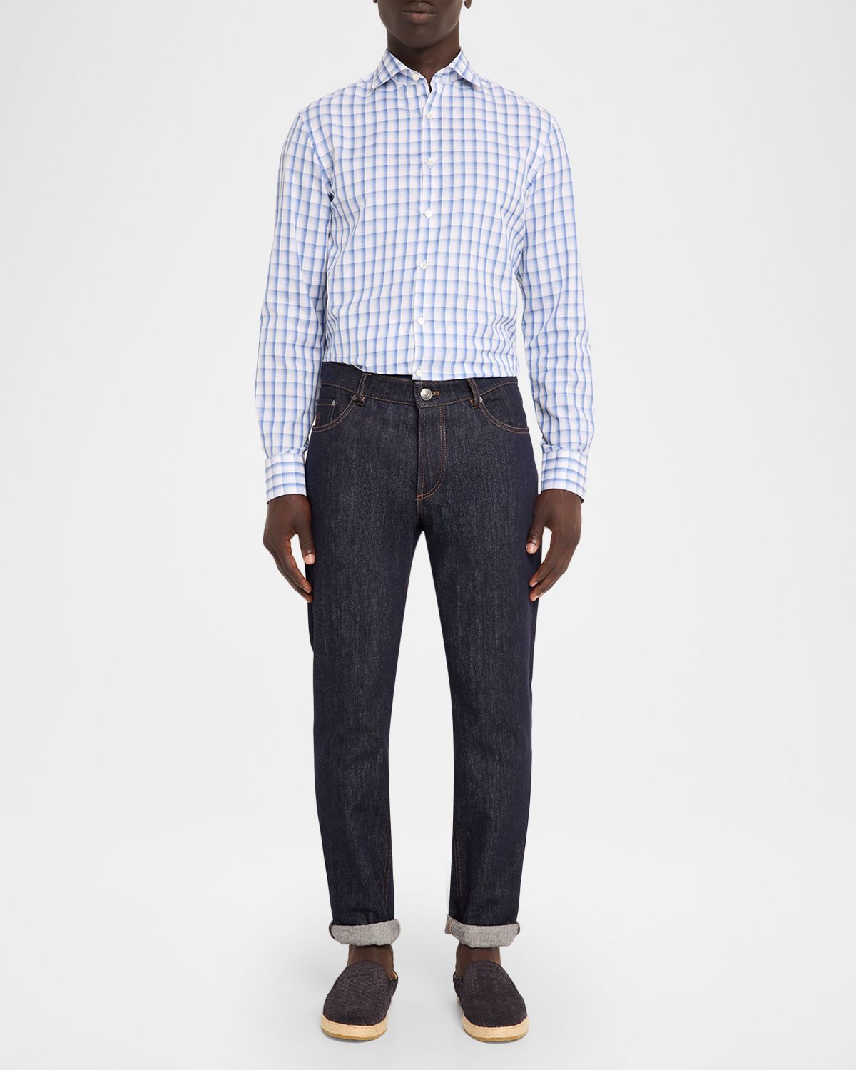 Canali Men 's Blue Plaid Cotton Sport Shirt