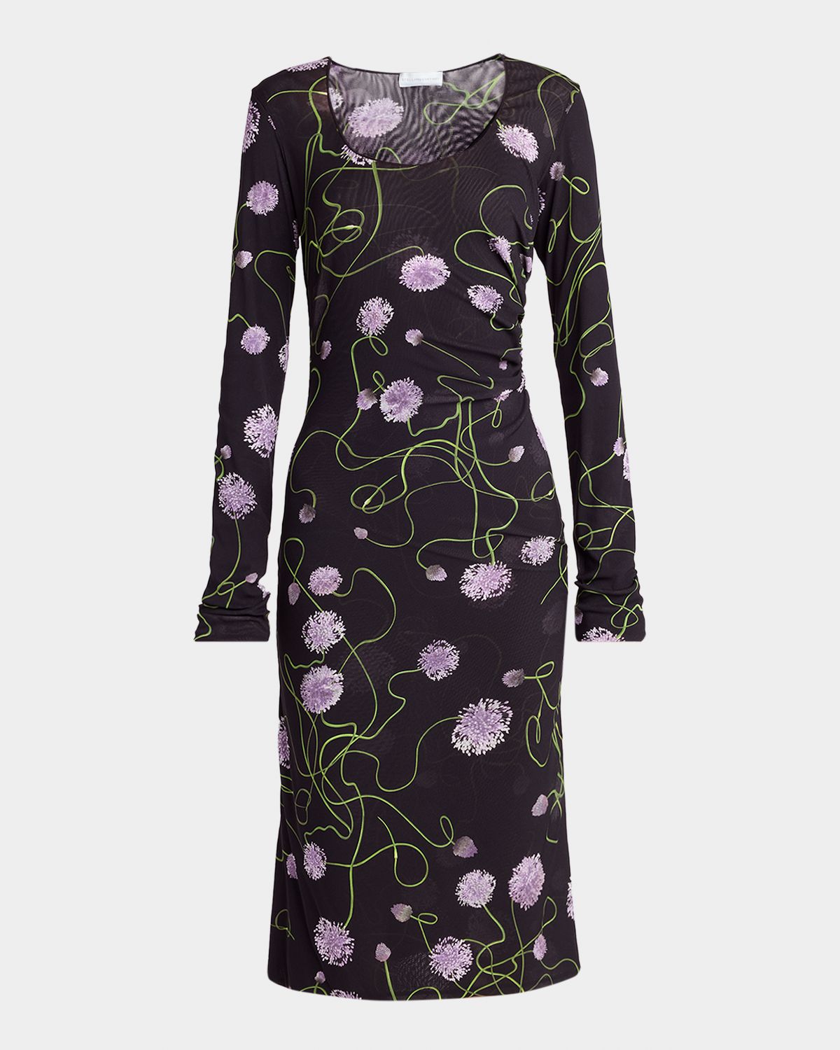 Stella McCartney Twisted Flower-Print Ruched Mesh Long-Sleeve Dress