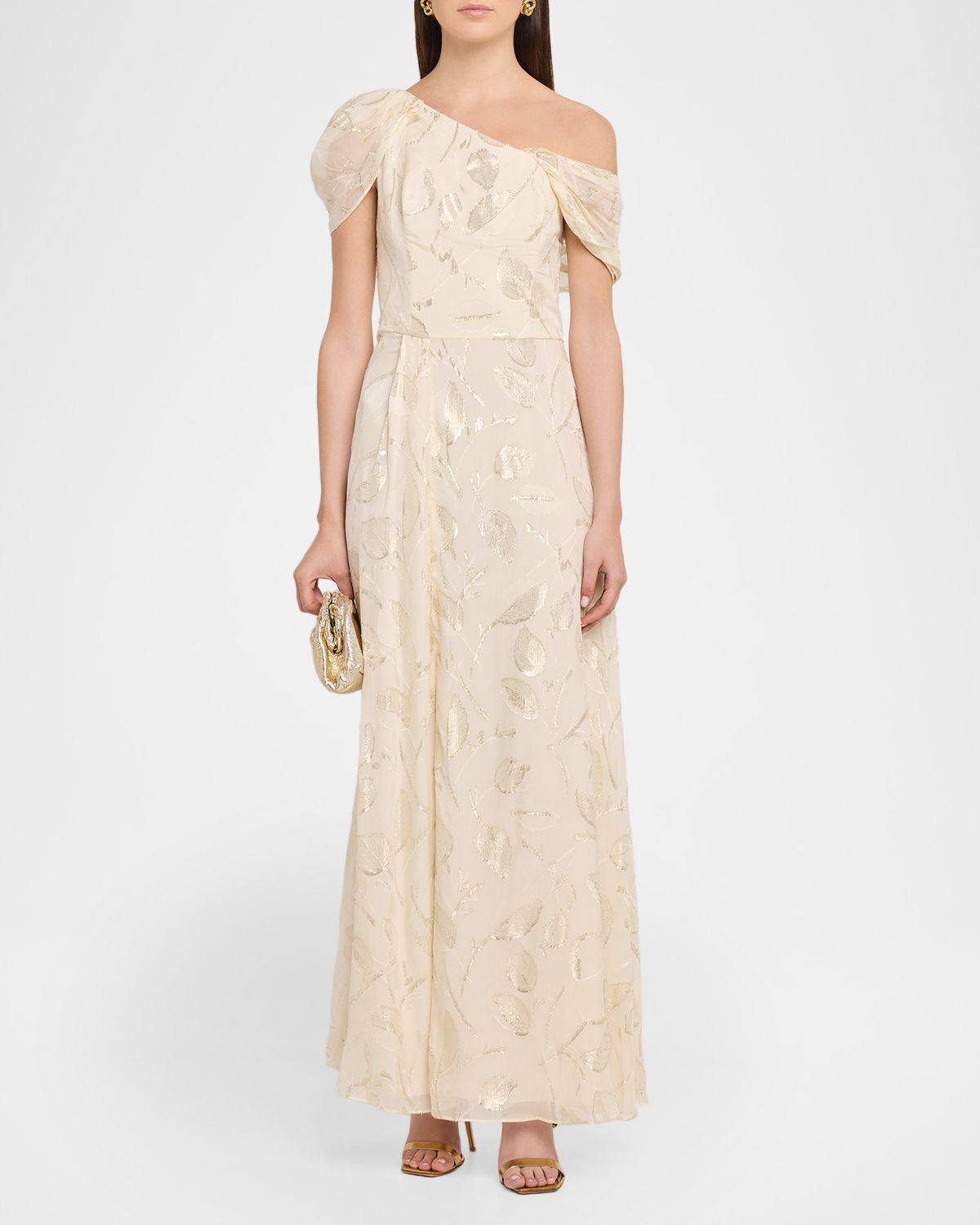 Shoshanna Penelope One-Shoulder Metallic Vine Maxi Dress