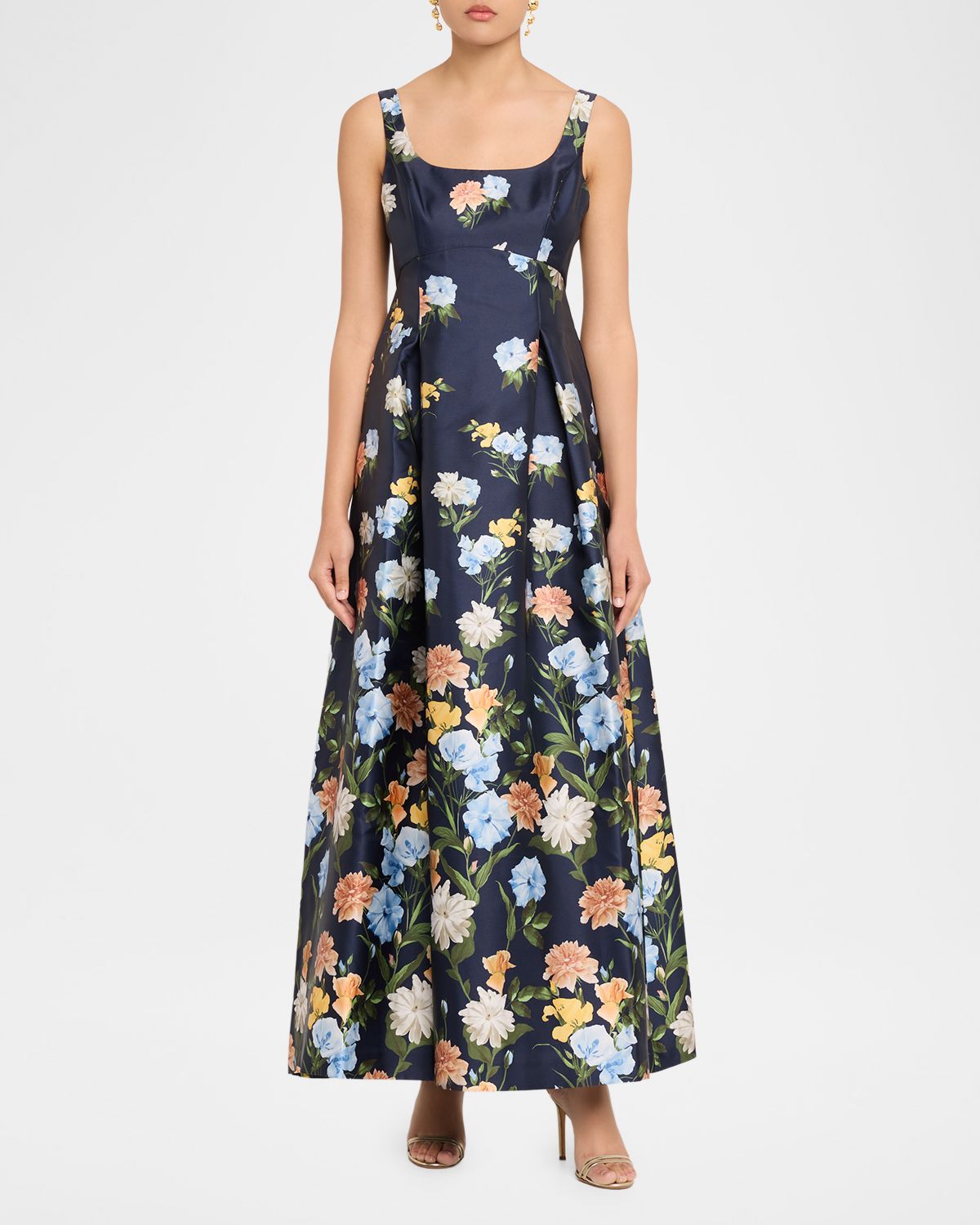 Sachin & Babi Aurora Pleated Floral-Print Mikado Gown
