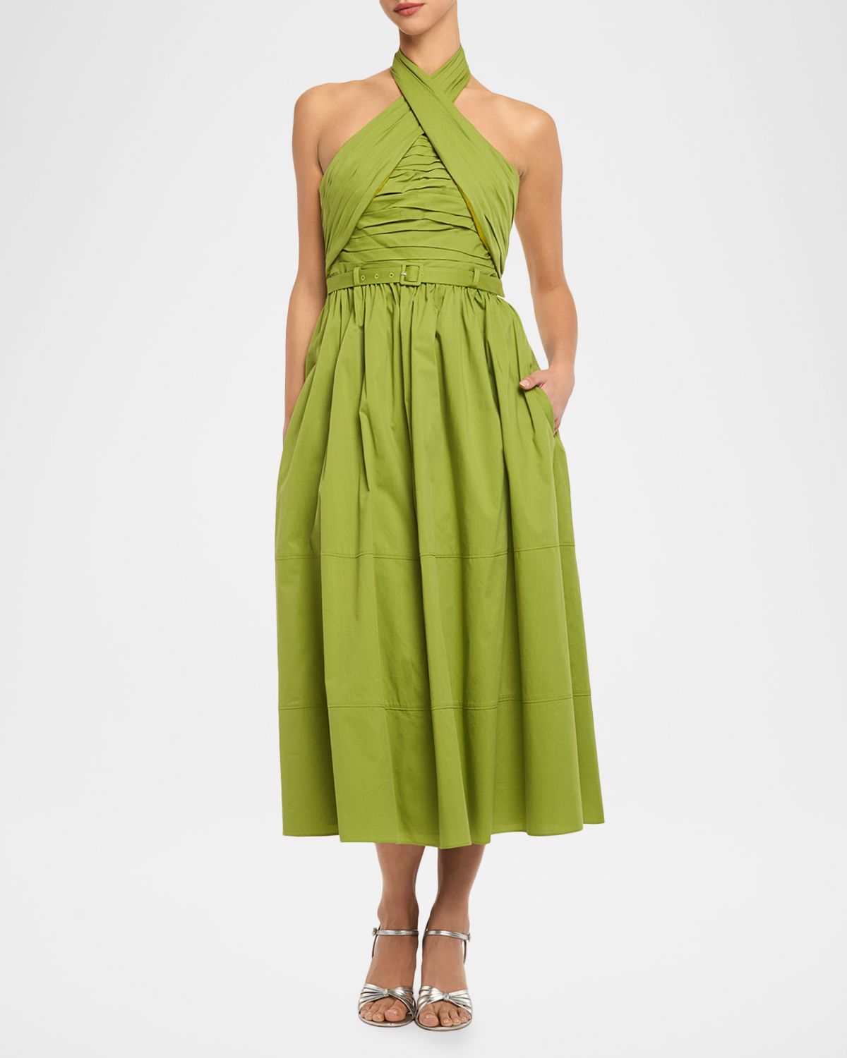 Cinq a Sept Marcie Crossover Halter Belted Midi Dress