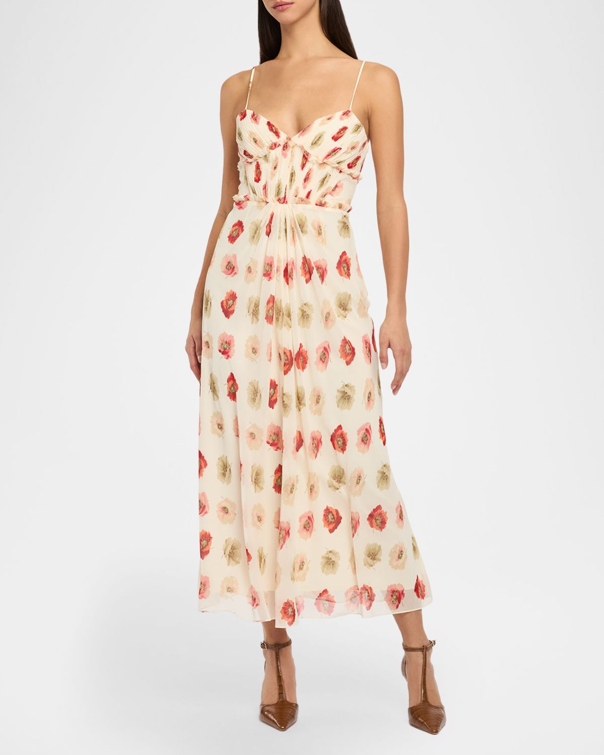 Cinq a Sept Floating Poppies Ruffle-Trim Sleeveless Midi Dress