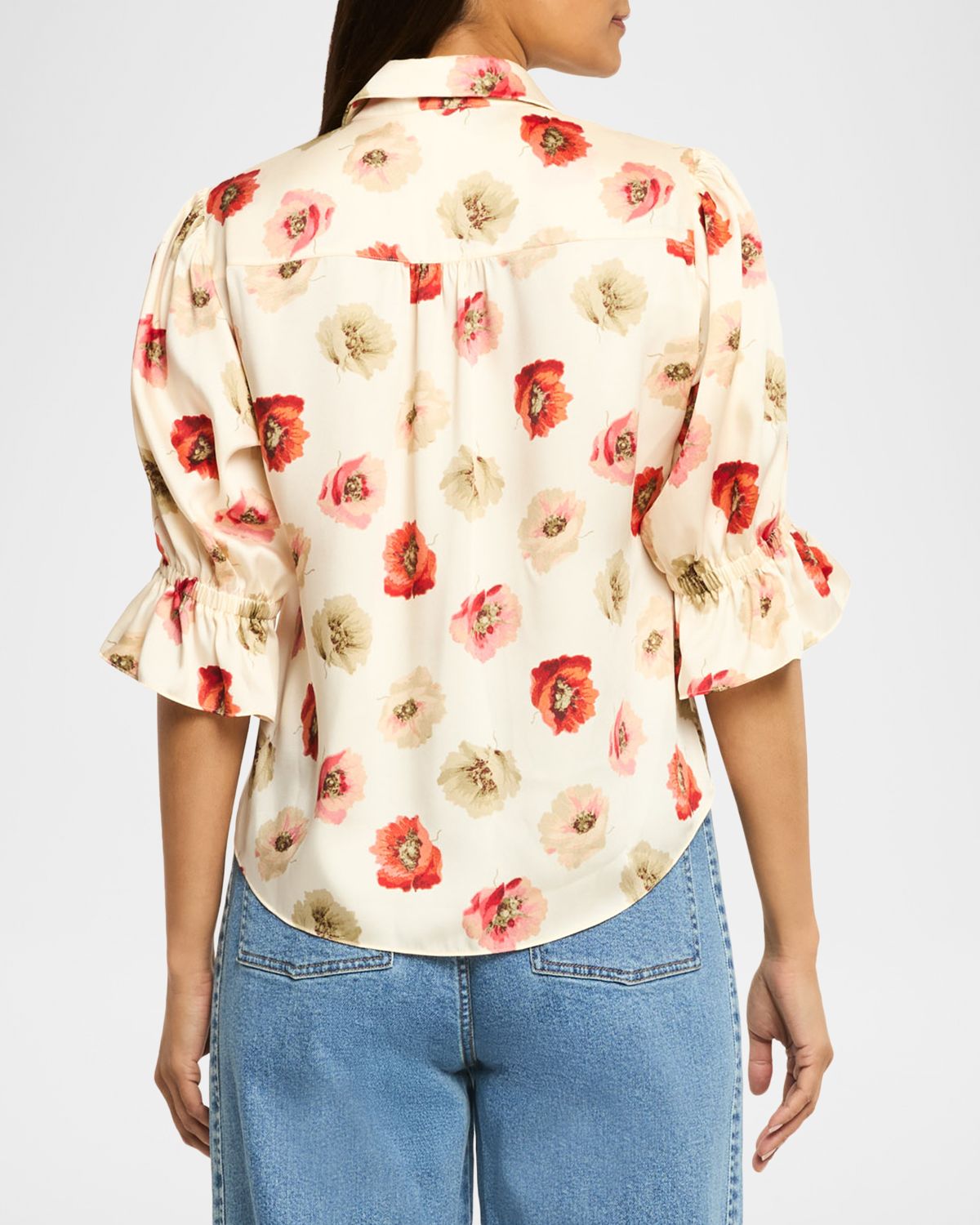Cinq a Sept Floating Poppies Puff-Sleeve Silk Shirt