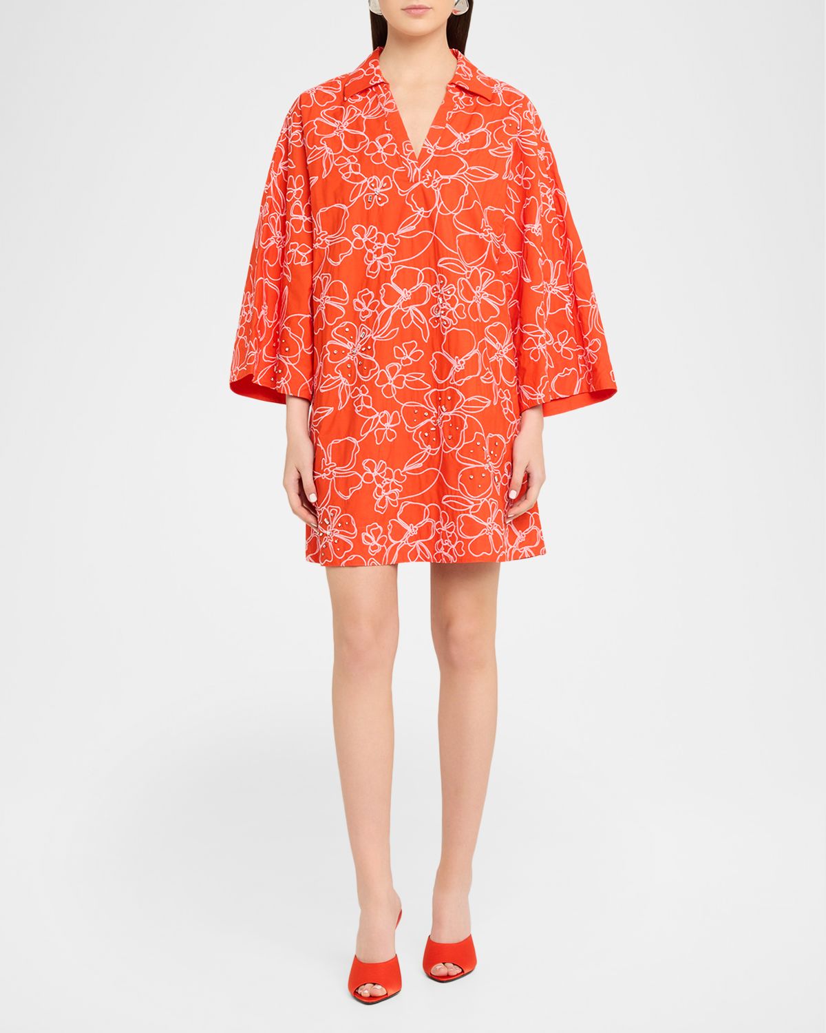 Cinq a Sept Arcia Embroidered Cotton Poplin Kaftan Mini Dress