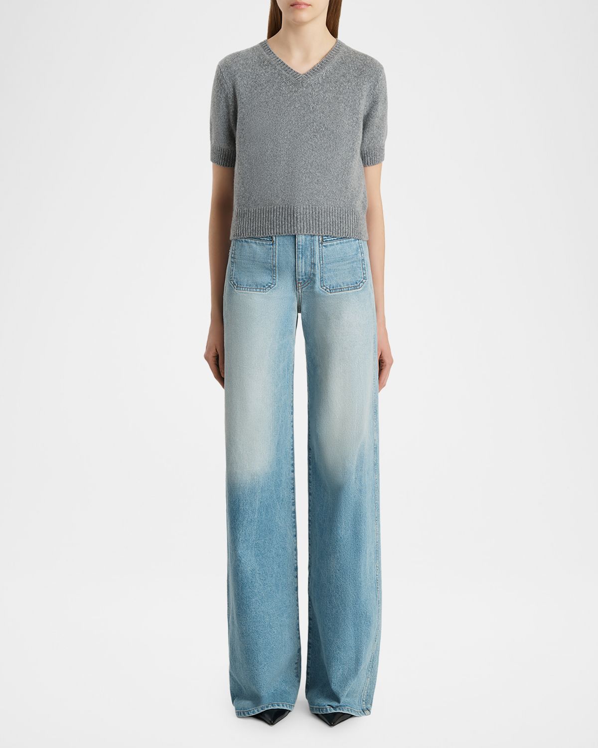 Khaite Jas Short-Sleeve Cashmere V-Neck Sweater