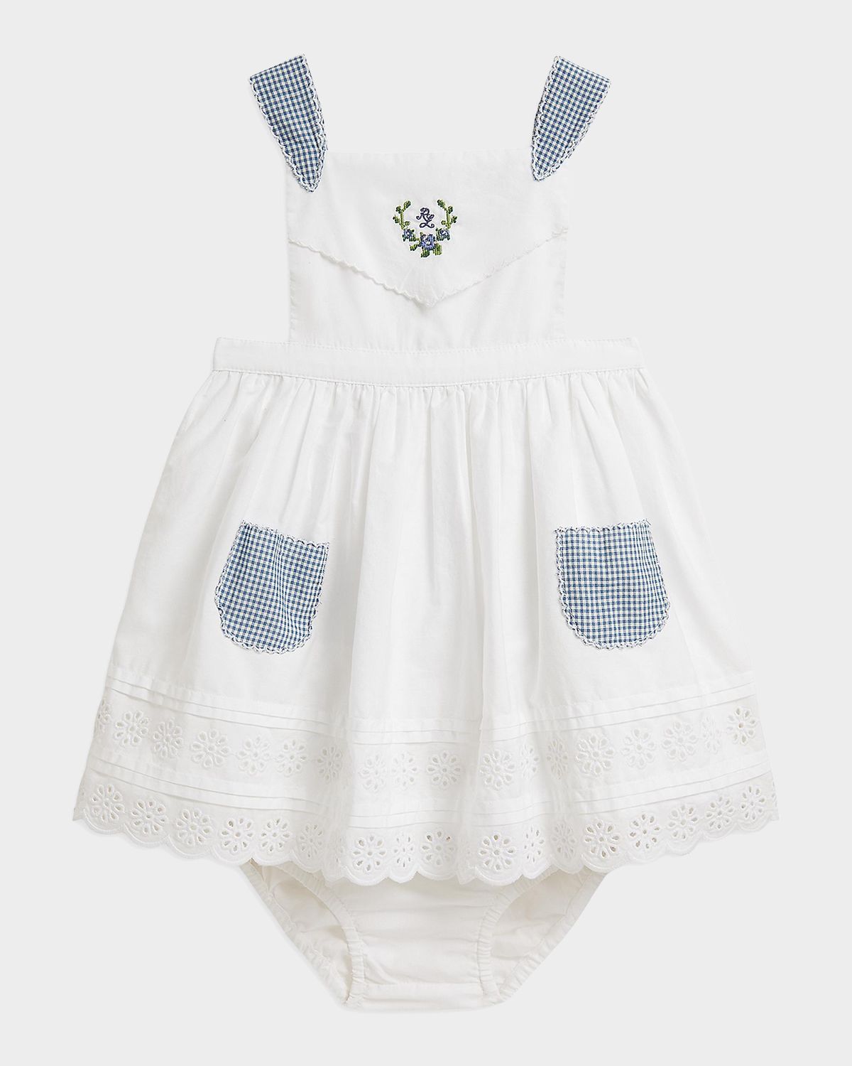 Ralph Lauren Girl 's Scalloped Cotton Poplin Dress & Bloomers Set, Size 3M-18M