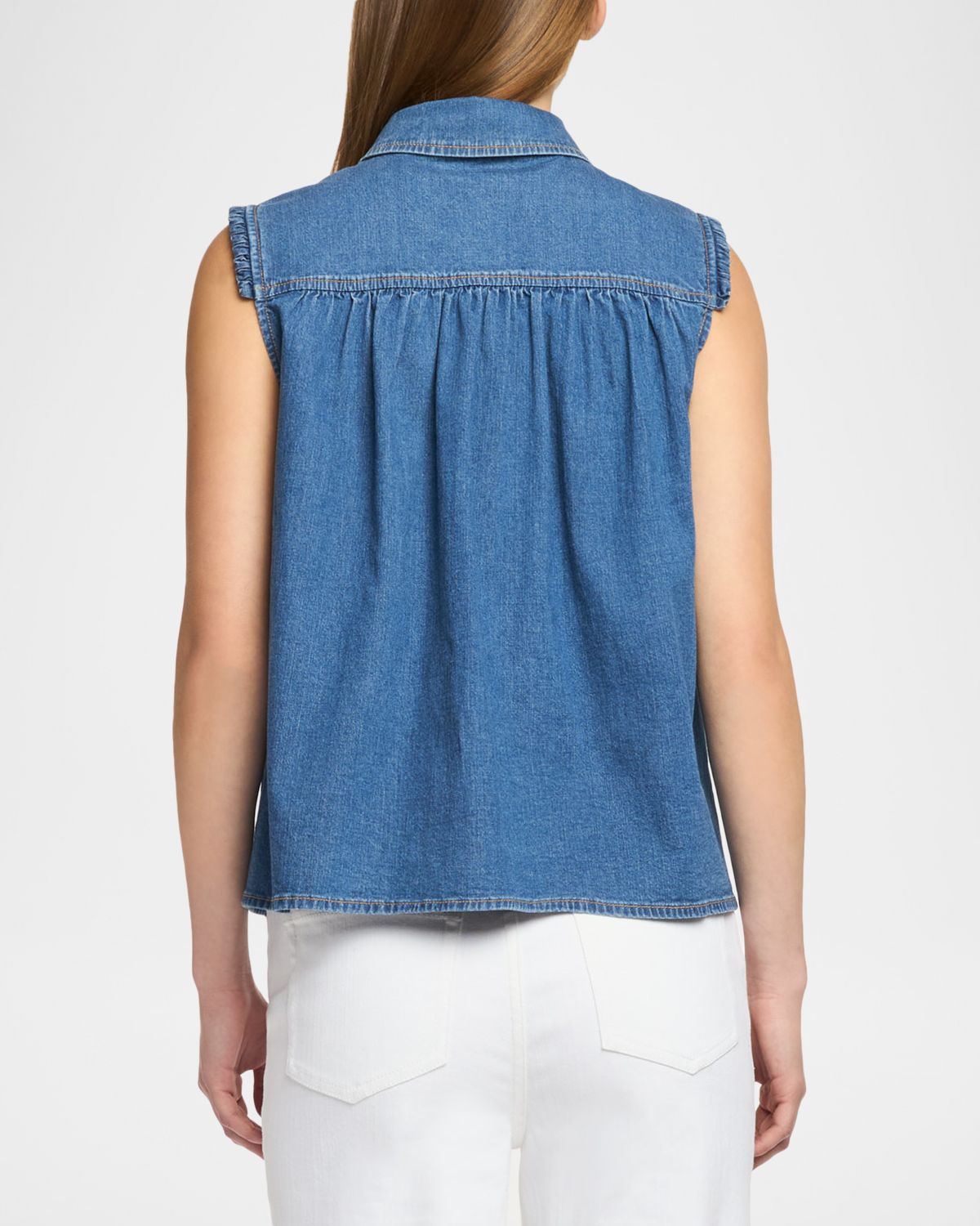 Cinq a Sept Florance Ruffle-Trim Sleeveless Denim Top