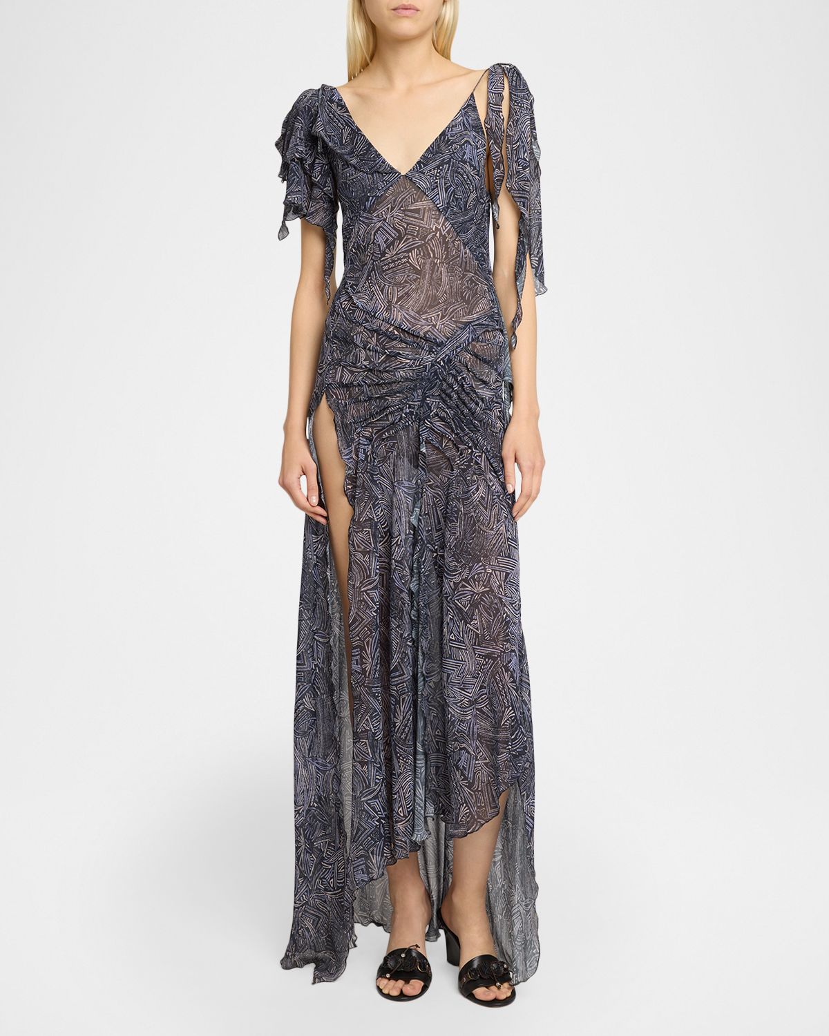 Isabel Marant Tylena Abstract Silk Ruched Slit Maxi Dress